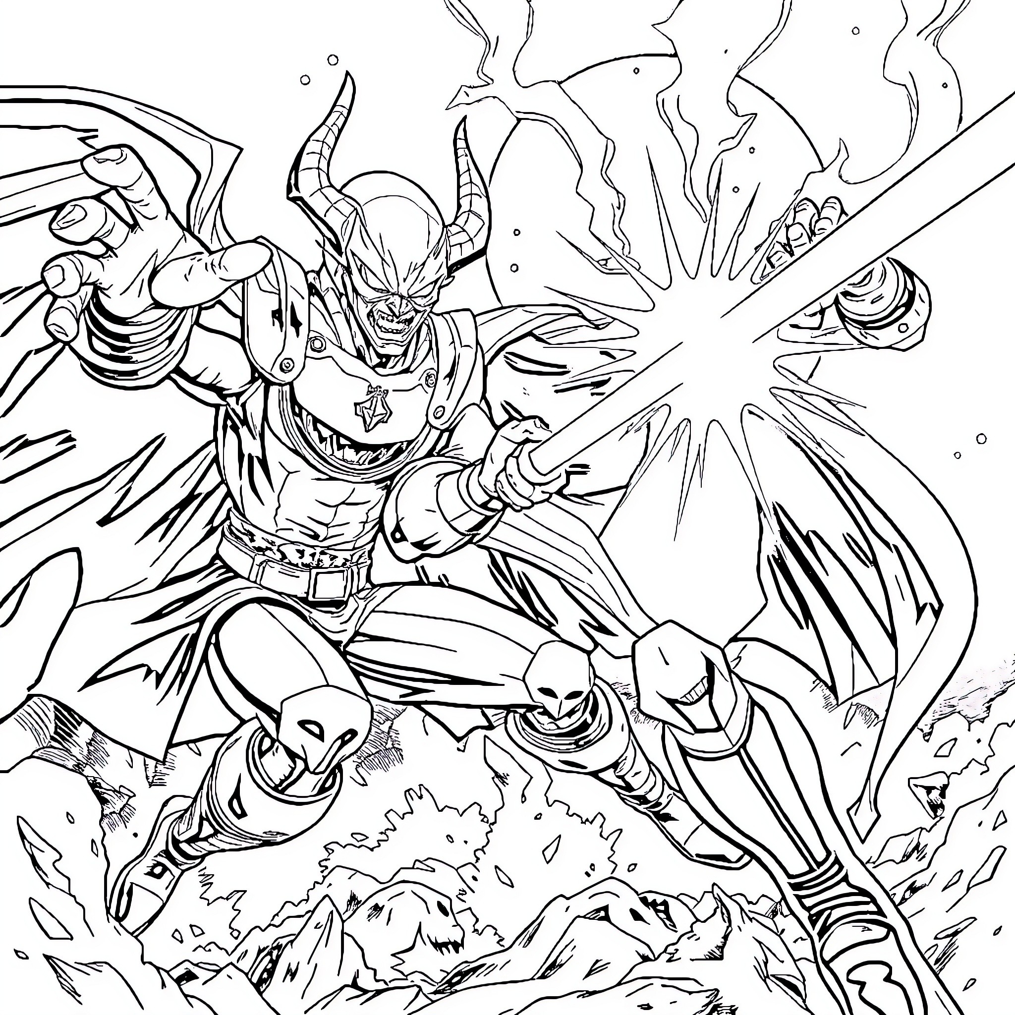 Hero Heroically Battling Fierce Foes in Epic Clash Coloring Page (free black-and-white line drawing printable PDF for all, from beginners to advanced learners, including children, teens, adults, and seniors)