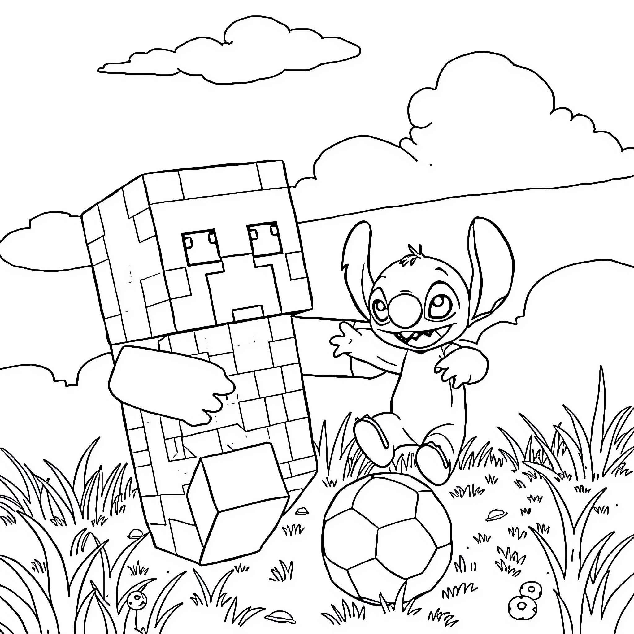 Creeper creature playing with ball in grassy field Coloring Page (free black-and-white line drawing printable PDF for all, from beginners to advanced learners, including children, teens, adults, and seniors)