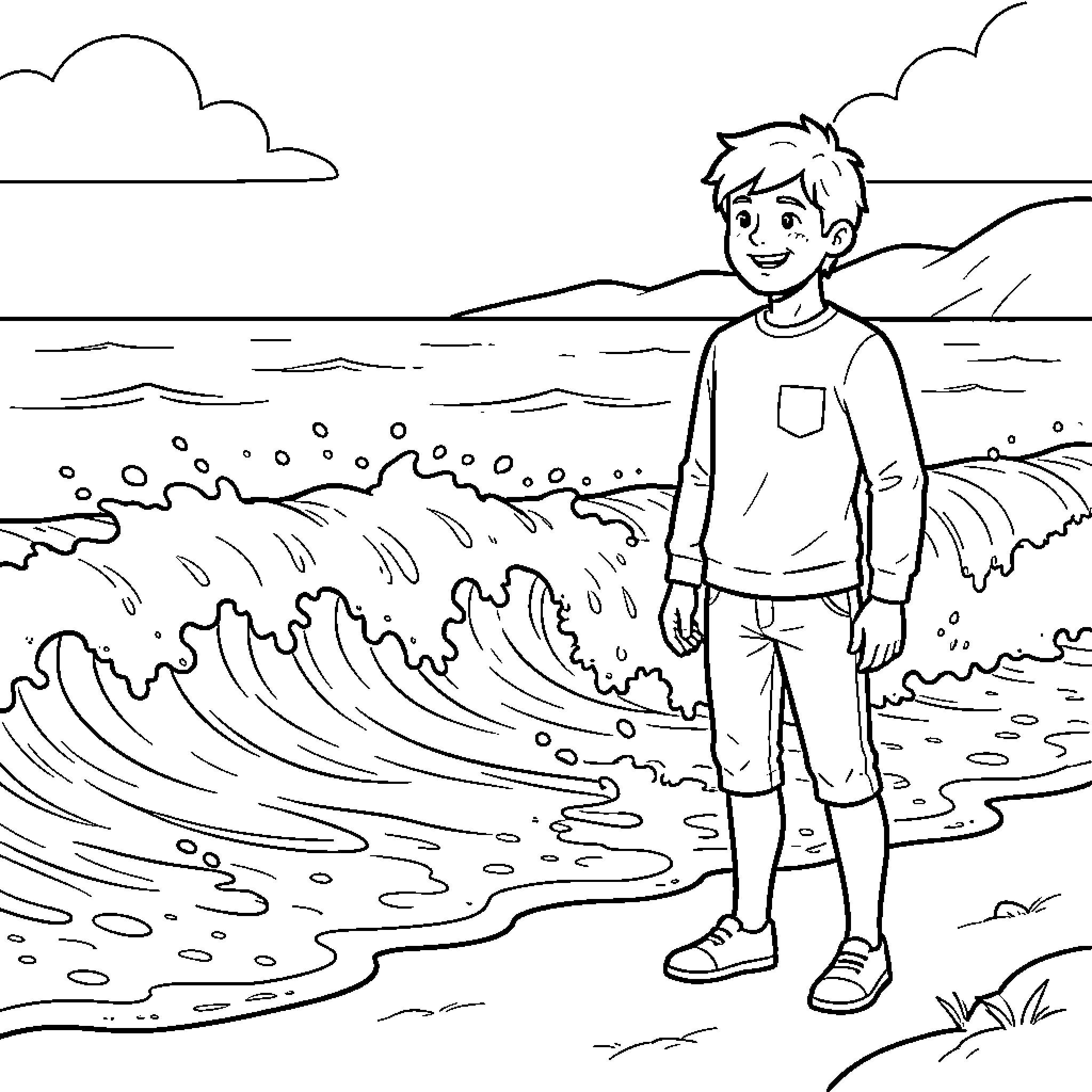 Aubin smiling while standing by ocean waves Coloring Page (free black-and-white line drawing printable PDF for all, from beginners to advanced learners, including children, teens, adults, and seniors)