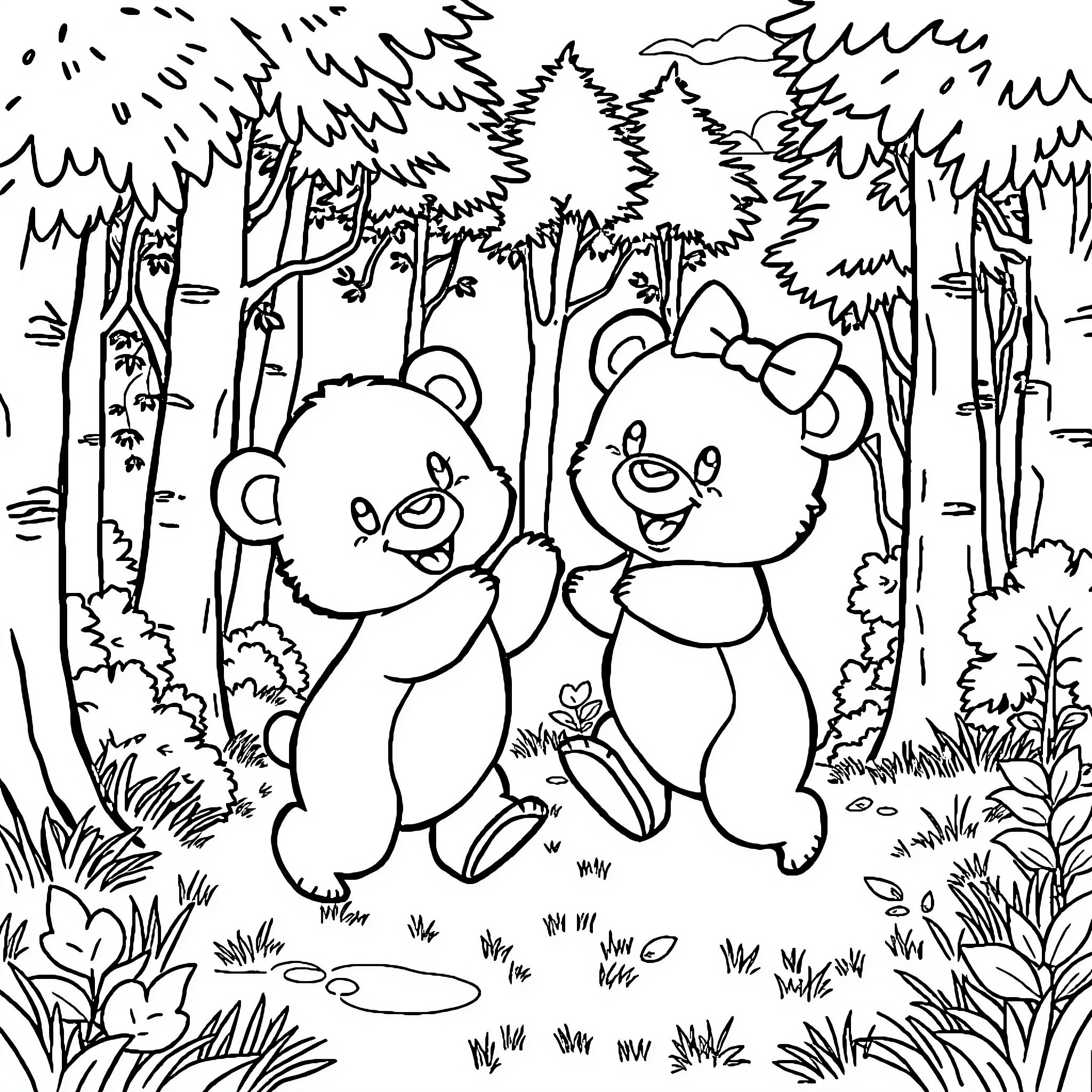 Bear cubs playing in the forest Coloring Page (free black-and-white line drawing printable PDF for all, from beginners to advanced learners, including children, teens, adults, and seniors)