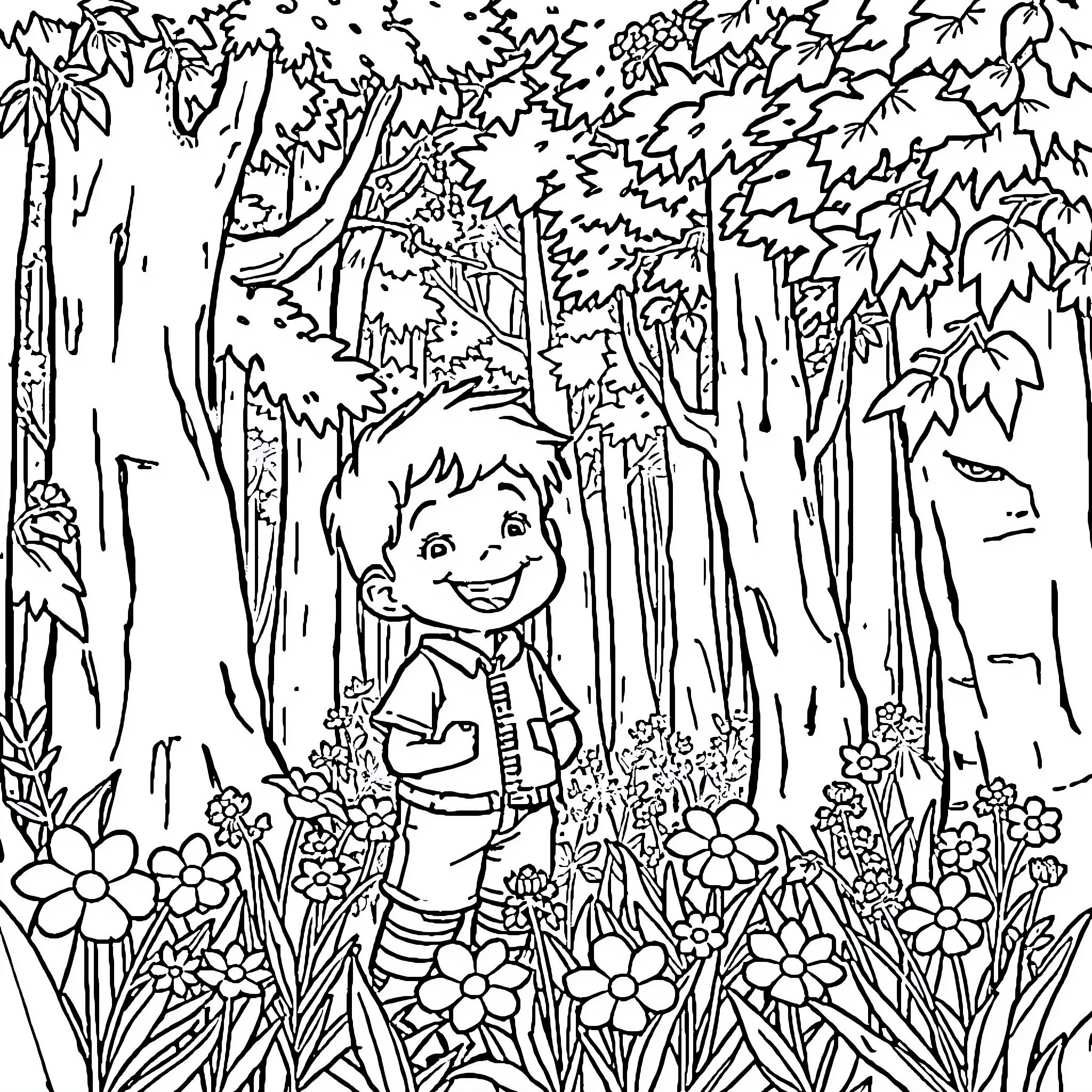 Boy exploring the enchanted forest Coloring Page (free black-and-white line drawing printable PDF for all, from beginners to advanced learners, including children, teens, adults, and seniors)