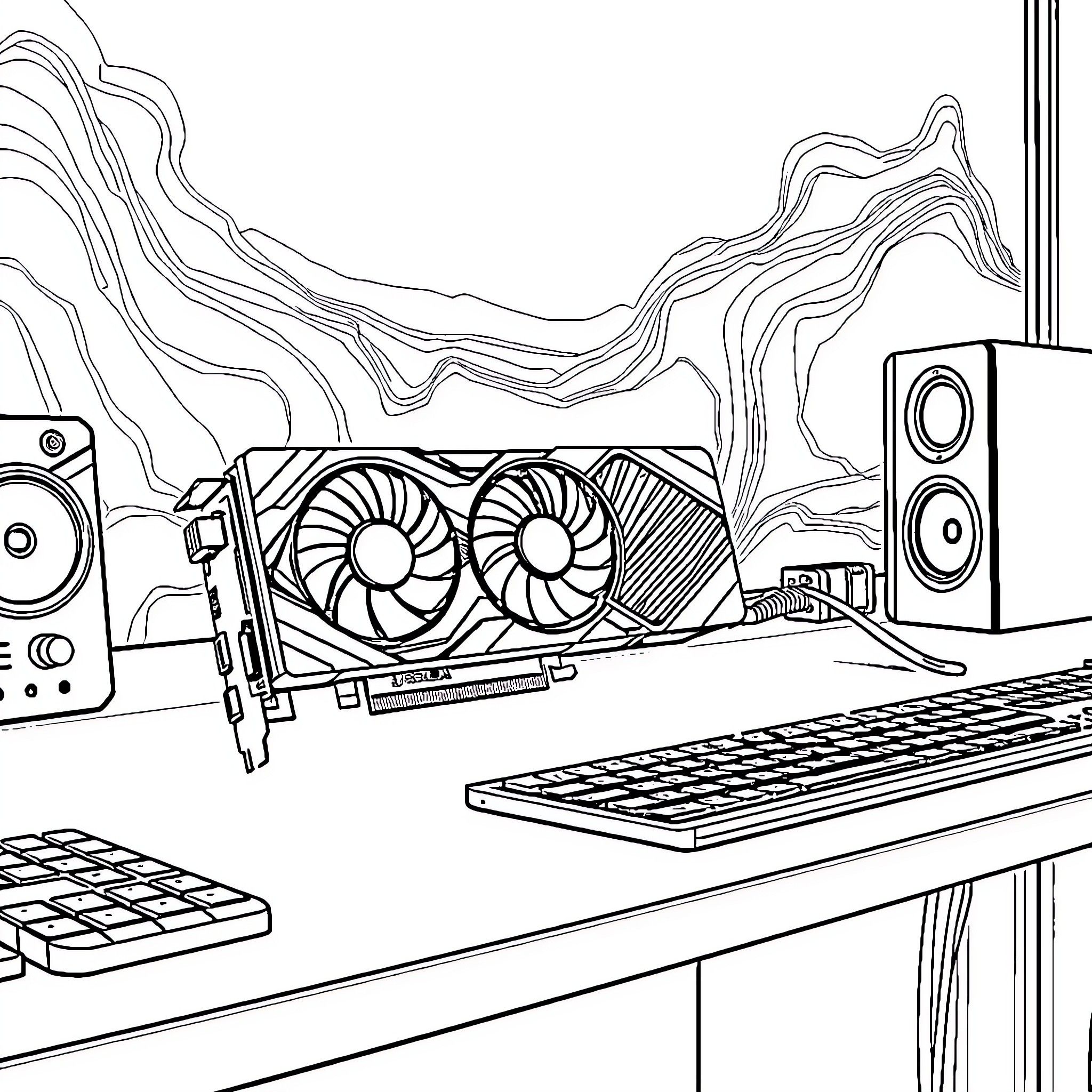 3080 Powerful Gaming Setup on Wooden Desk Coloring Page (free black-and-white line drawing printable PDF for all, from beginners to advanced learners, including children, teens, adults, and seniors)