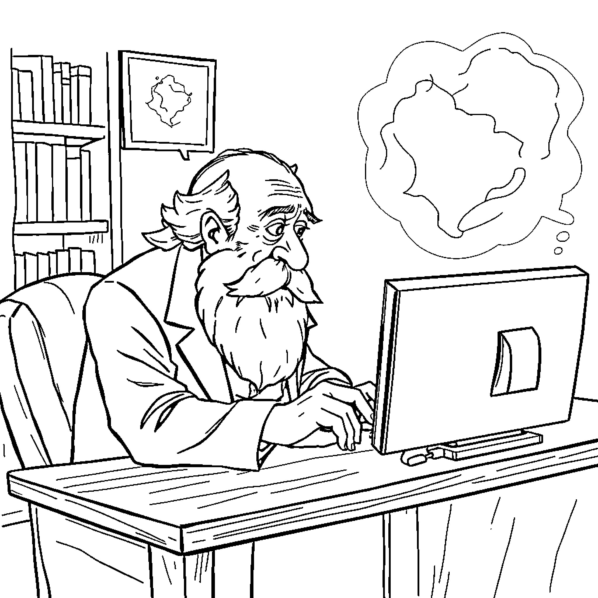 Sigmund Freud contemplating at his desk Coloring Page (free black-and-white line drawing printable PDF for all, from beginners to advanced learners, including children, teens, adults, and seniors)