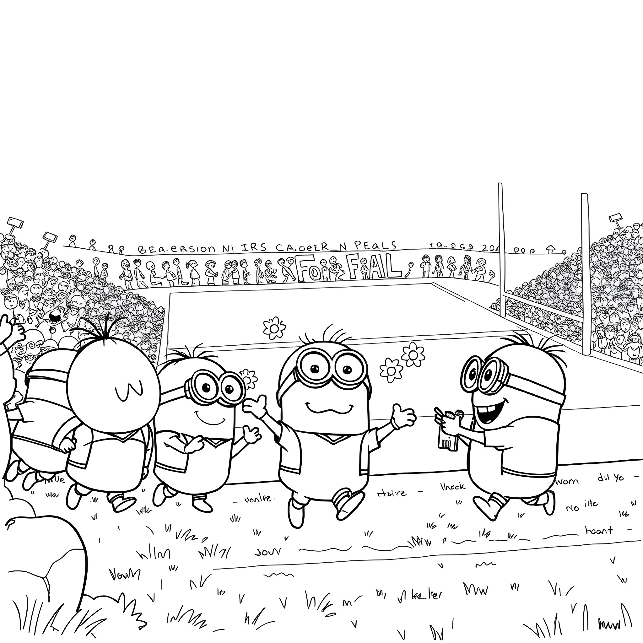 Minions Enjoying a Playful Day Outdoors Coloring Page (free black-and-white line drawing printable PDF for all, from beginners to advanced learners, including children, teens, adults, and seniors)