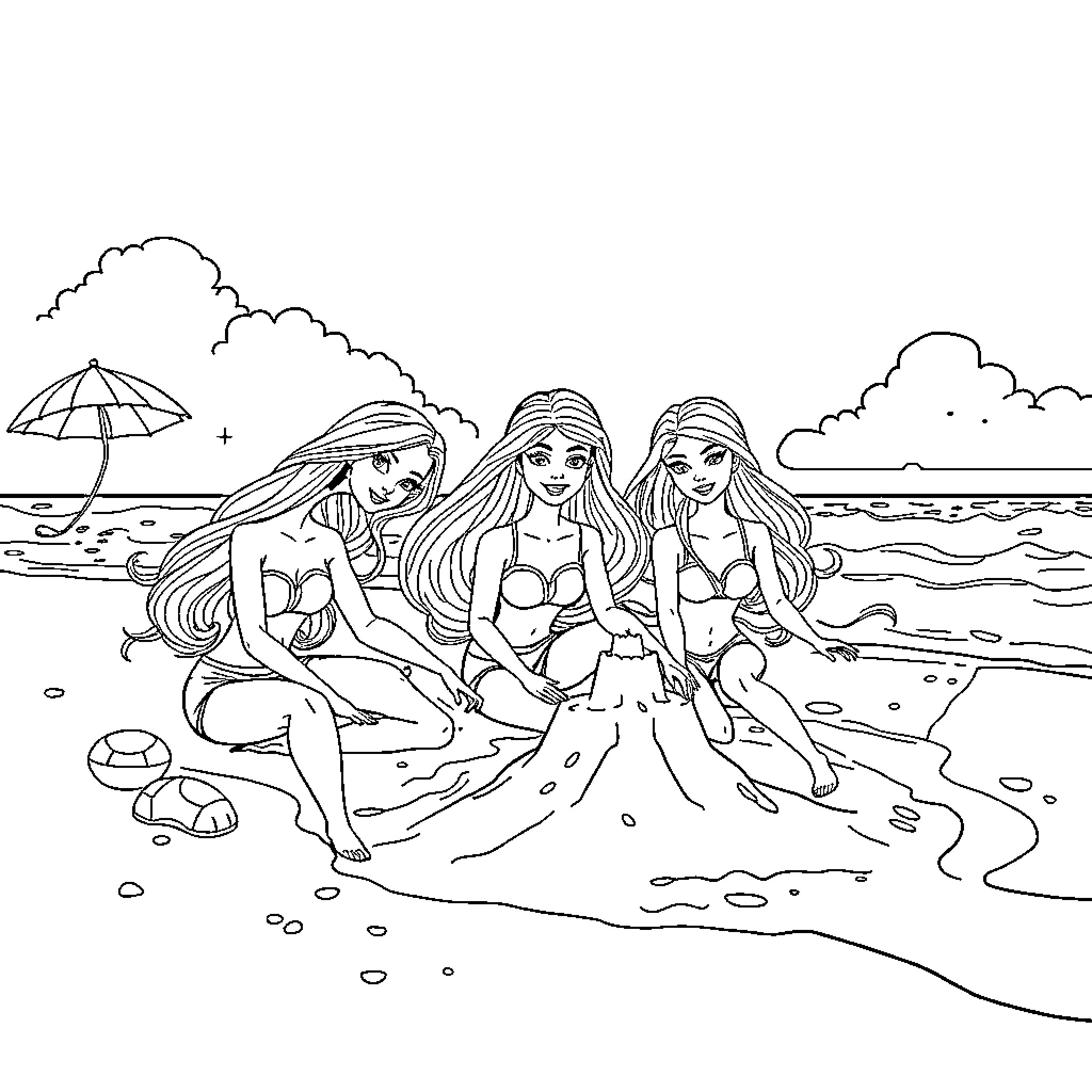 Barbie and friends enjoying a day at the beach Coloring Page (free black-and-white line drawing printable PDF for all, from beginners to advanced learners, including children, teens, adults, and seniors)