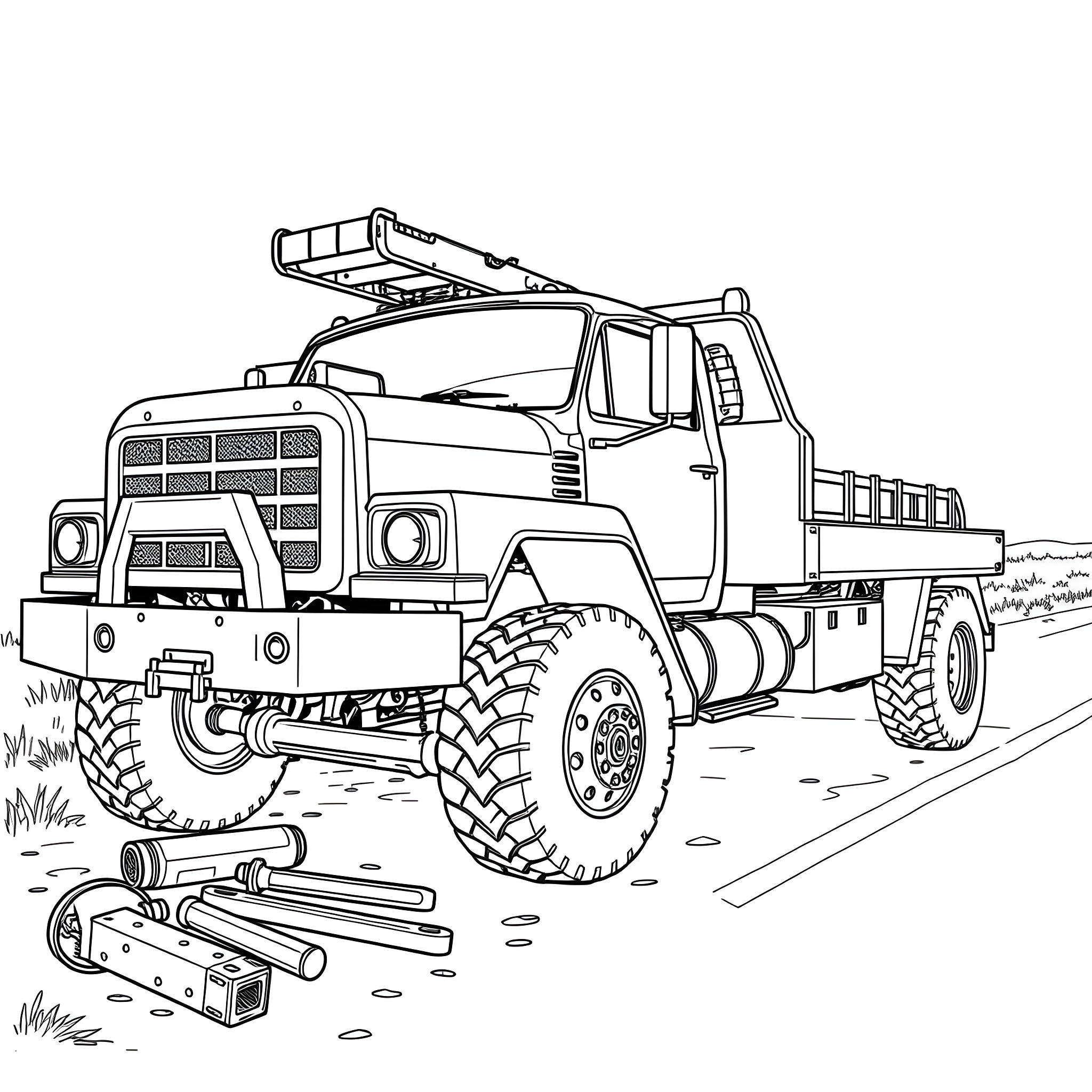 Wrecker truck with powerful tires on rough terrain Coloring Page (free black-and-white line drawing printable PDF for all, from beginners to advanced learners, including children, teens, adults, and seniors)