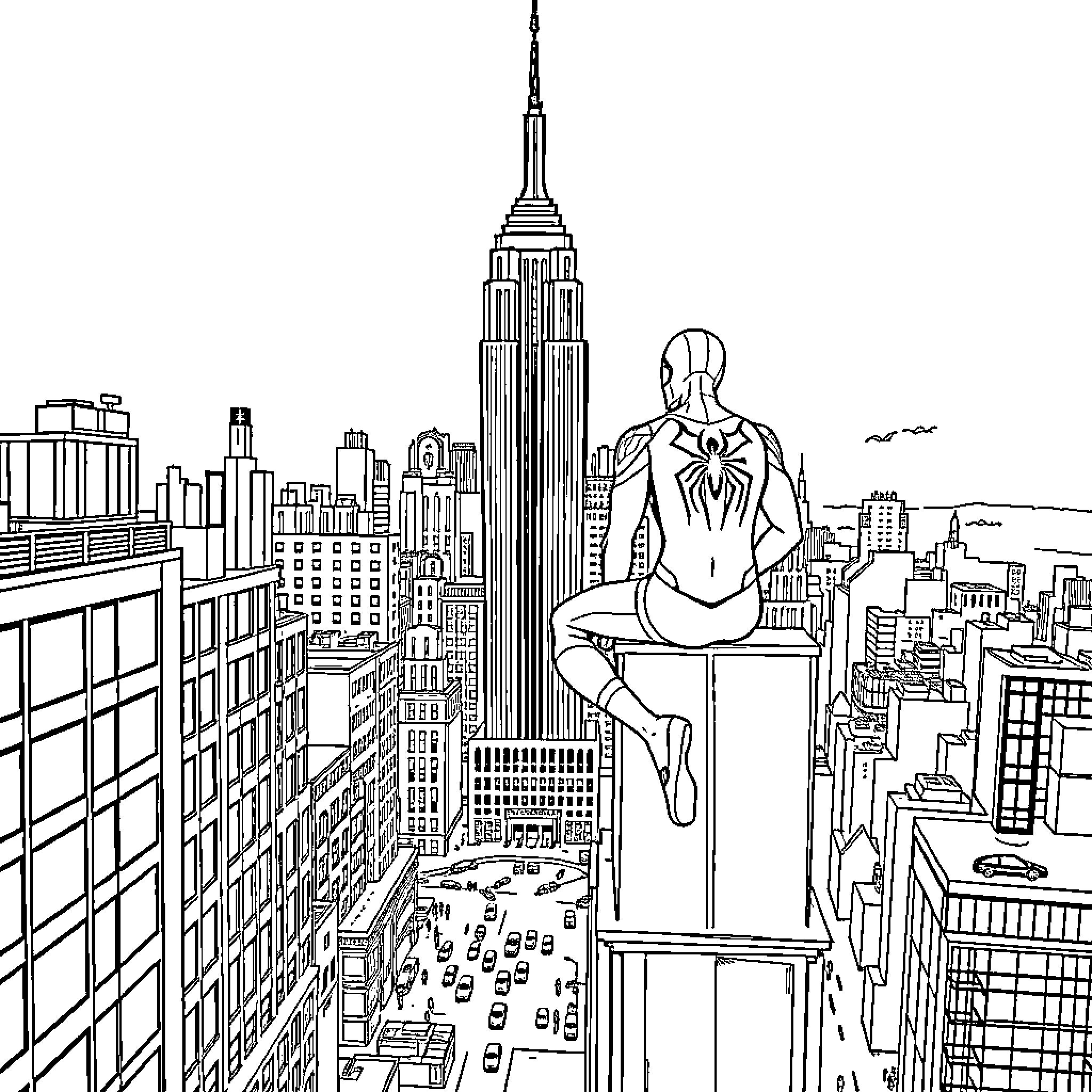 Spiderman overlooking the city skyline Coloring Page (free black-and-white line drawing printable PDF for all, from beginners to advanced learners, including children, teens, adults, and seniors)