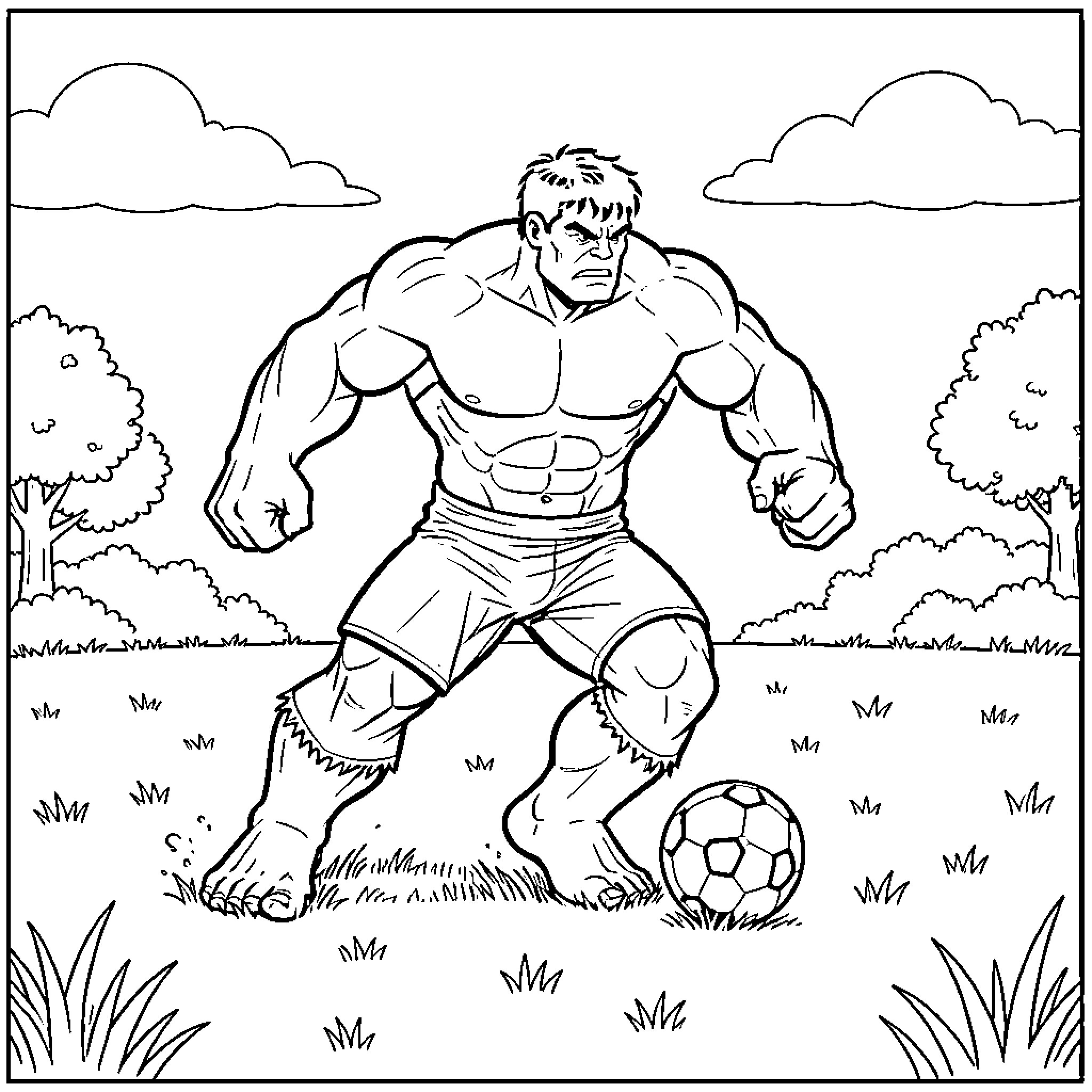 Hulk playing soccer in a field Coloring Page (free black-and-white line drawing printable PDF for all, from beginners to advanced learners, including children, teens, adults, and seniors)