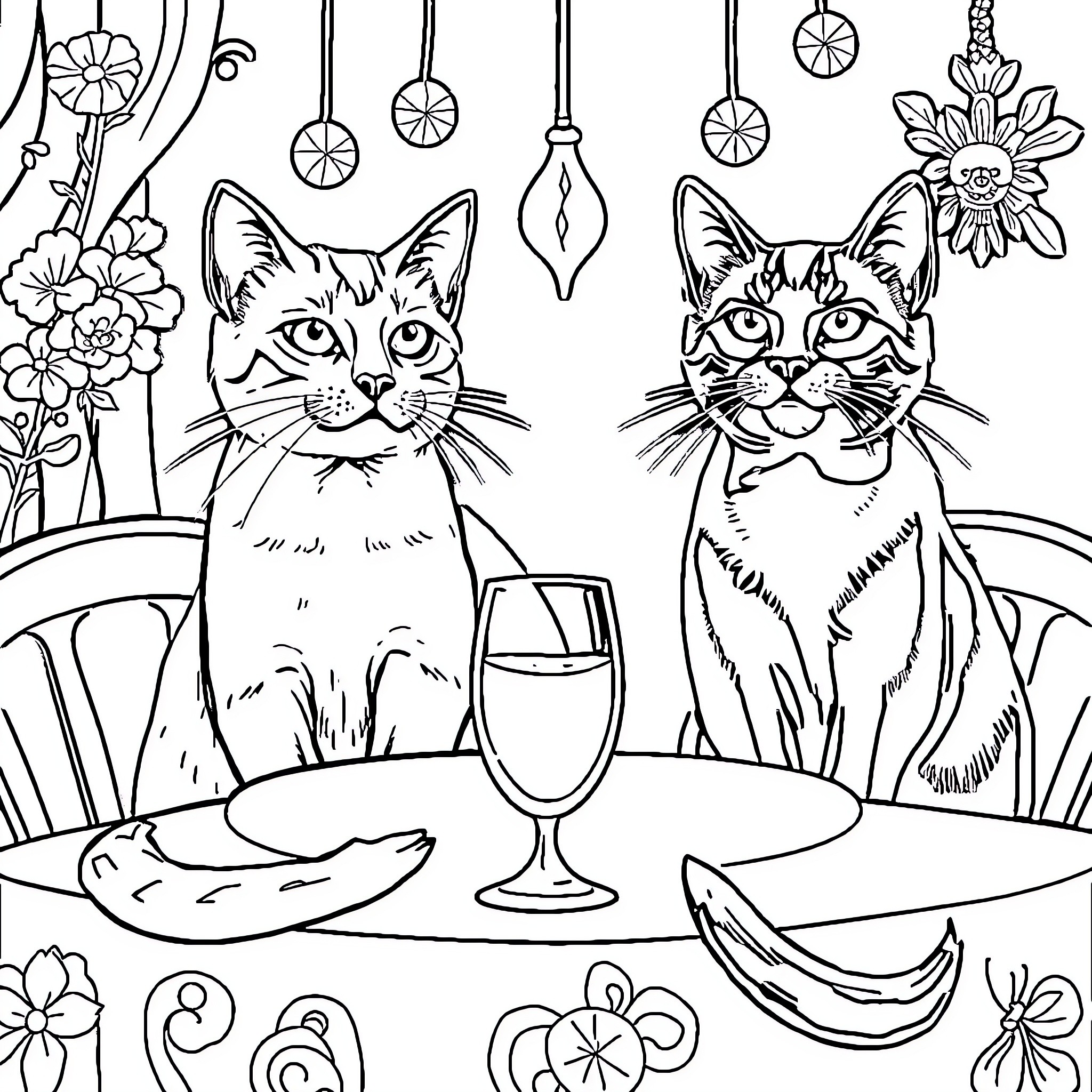 Gato with Flower Decor and Wine Glasses Coloring Page (free black-and-white line drawing printable PDF for all, from beginners to advanced learners, including children, teens, adults, and seniors)