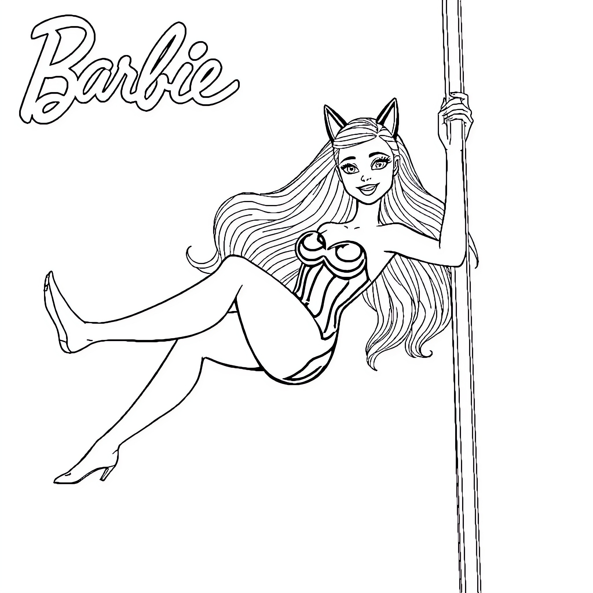 Barbie dressed as a cat-themed superhero Coloring Page (free black-and-white line drawing printable PDF for all, from beginners to advanced learners, including children, teens, adults, and seniors)