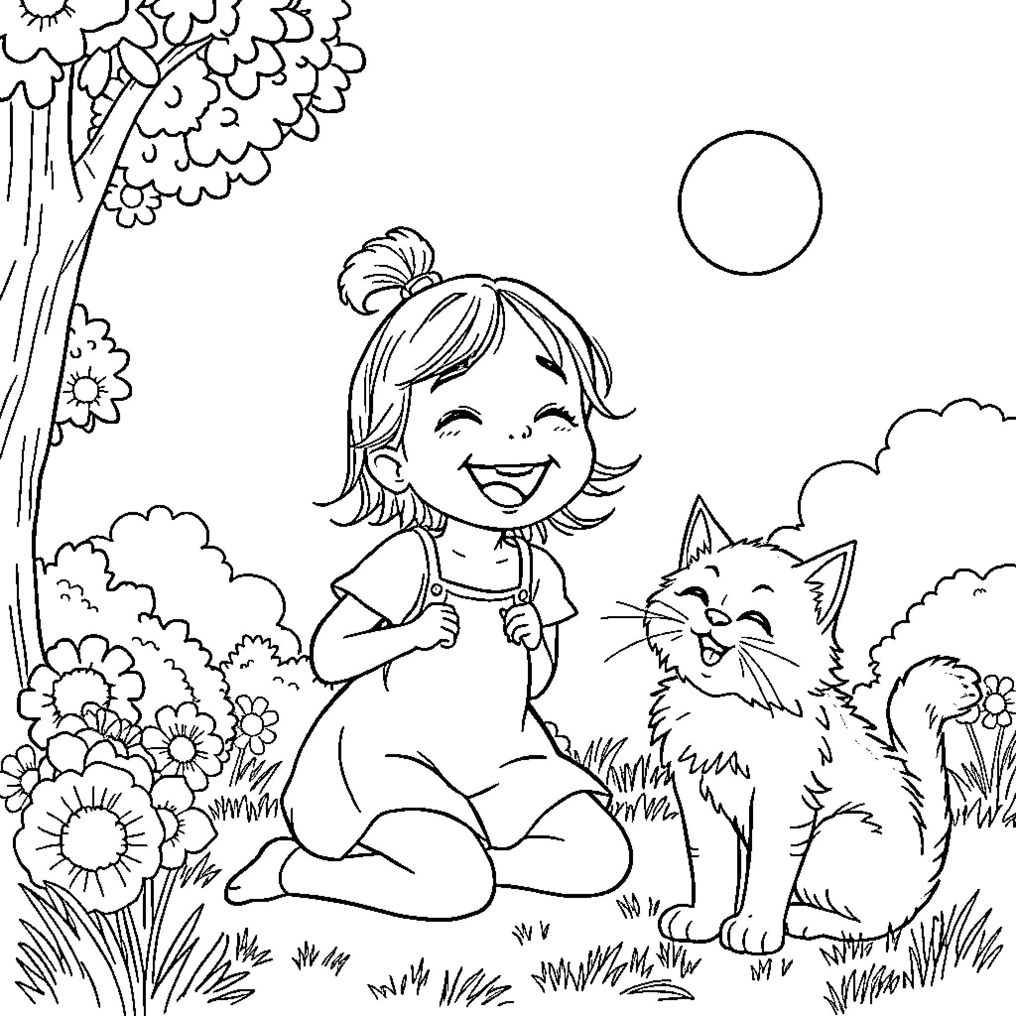 Girl enjoying nature with her pet Coloring Page (free black-and-white line drawing printable PDF for all, from beginners to advanced learners, including children, teens, adults, and seniors)