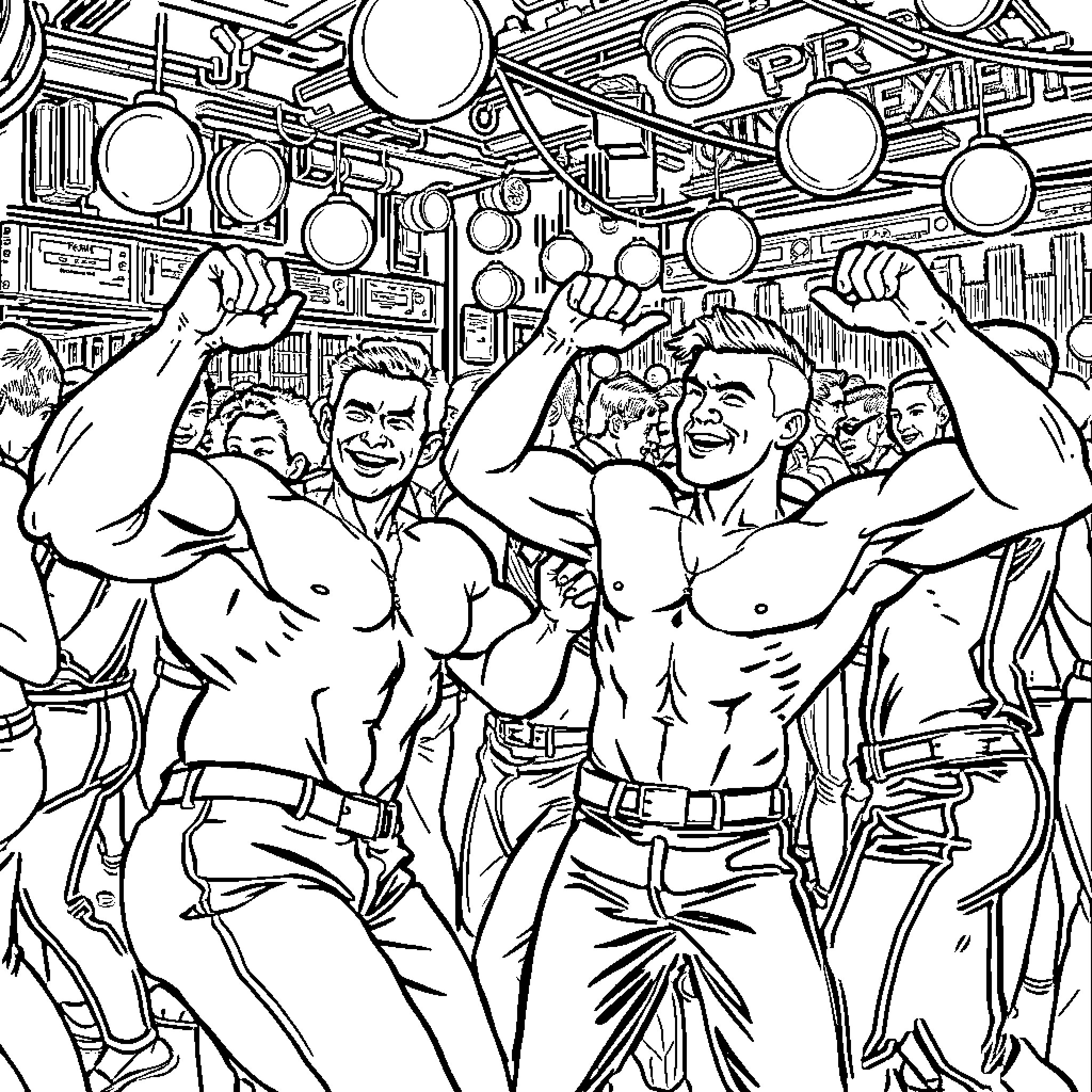 Boy and friends cheering in a lively atmosphere Coloring Page (free black-and-white line drawing printable PDF for all, from beginners to advanced learners, including children, teens, adults, and seniors)