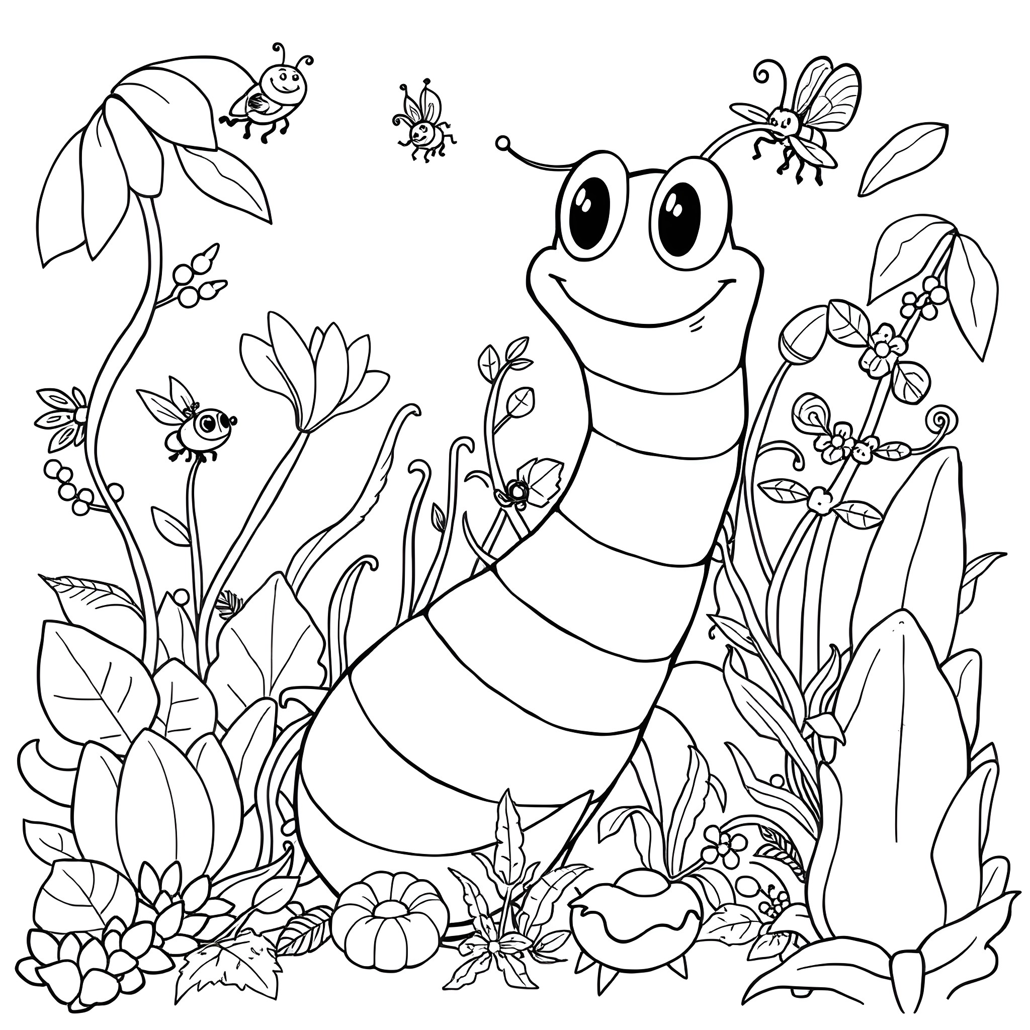 Worm exploring the colorful garden Coloring Page (free black-and-white line drawing printable PDF for all, from beginners to advanced learners, including children, teens, adults, and seniors)