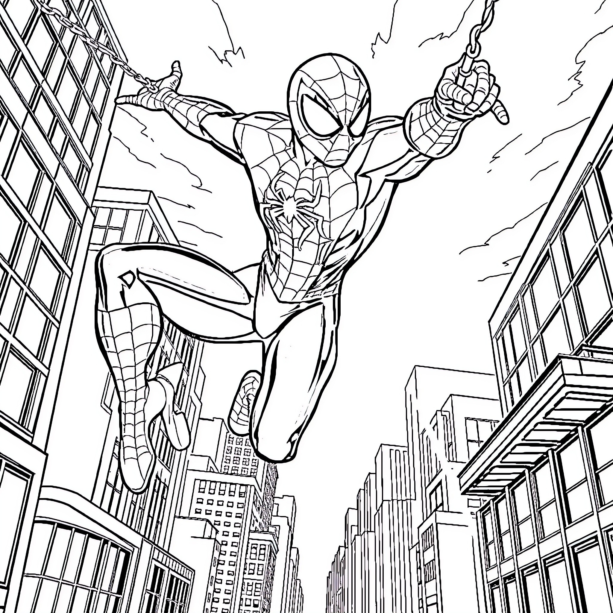 Spider-Man swinging through the city streets Coloring Page (free black-and-white line drawing printable PDF for all, from beginners to advanced learners, including children, teens, adults, and seniors)