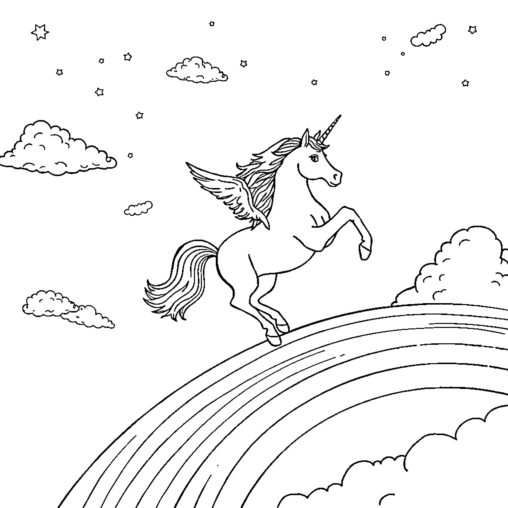 Unicorn soaring over rainbow in the clouds Coloring Page (free black-and-white line drawing printable PDF for all, from beginners to advanced learners, including children, teens, adults, and seniors)