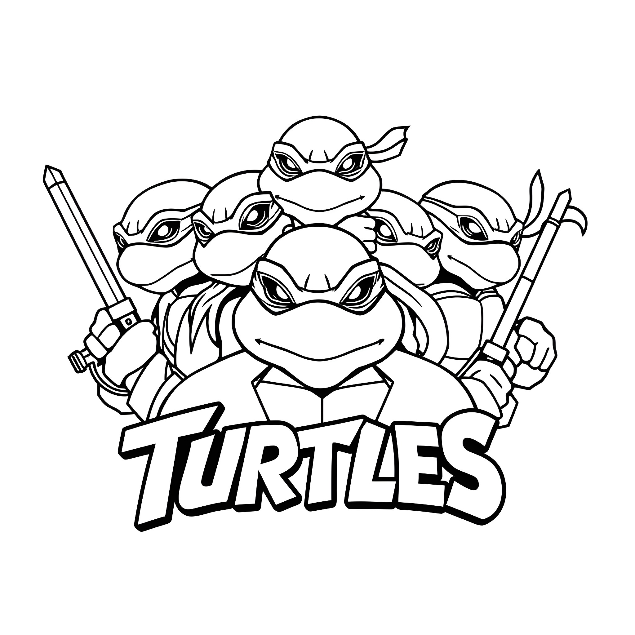 Teenage Mutant Ninja Turtles in Action Poses Coloring Page (free black-and-white line drawing printable PDF for all, from beginners to advanced learners, including children, teens, adults, and seniors)