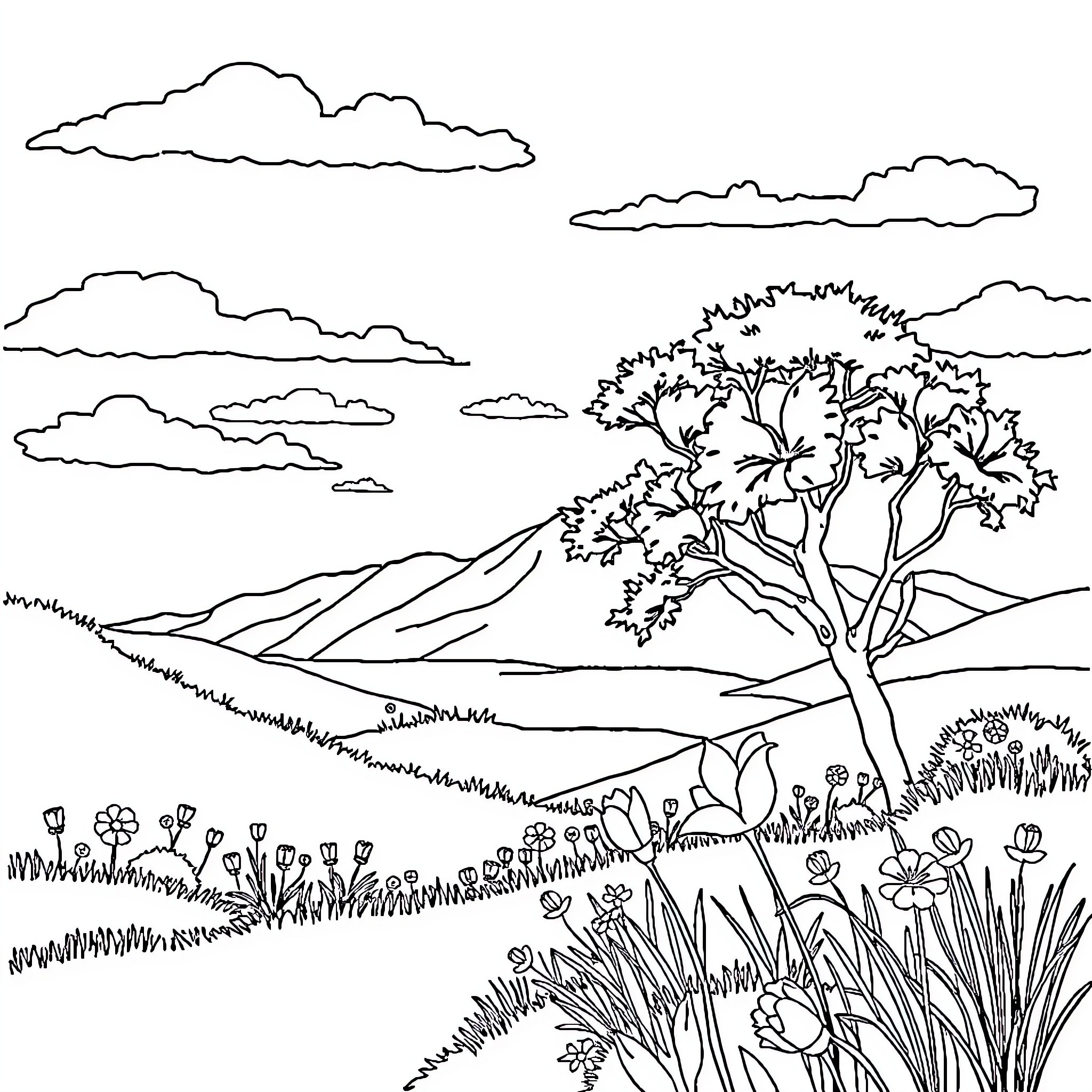 Photo of a scenic landscape with clouds, trees, and flowers Coloring Page (free black-and-white line drawing printable PDF for all, from beginners to advanced learners, including children, teens, adults, and seniors)