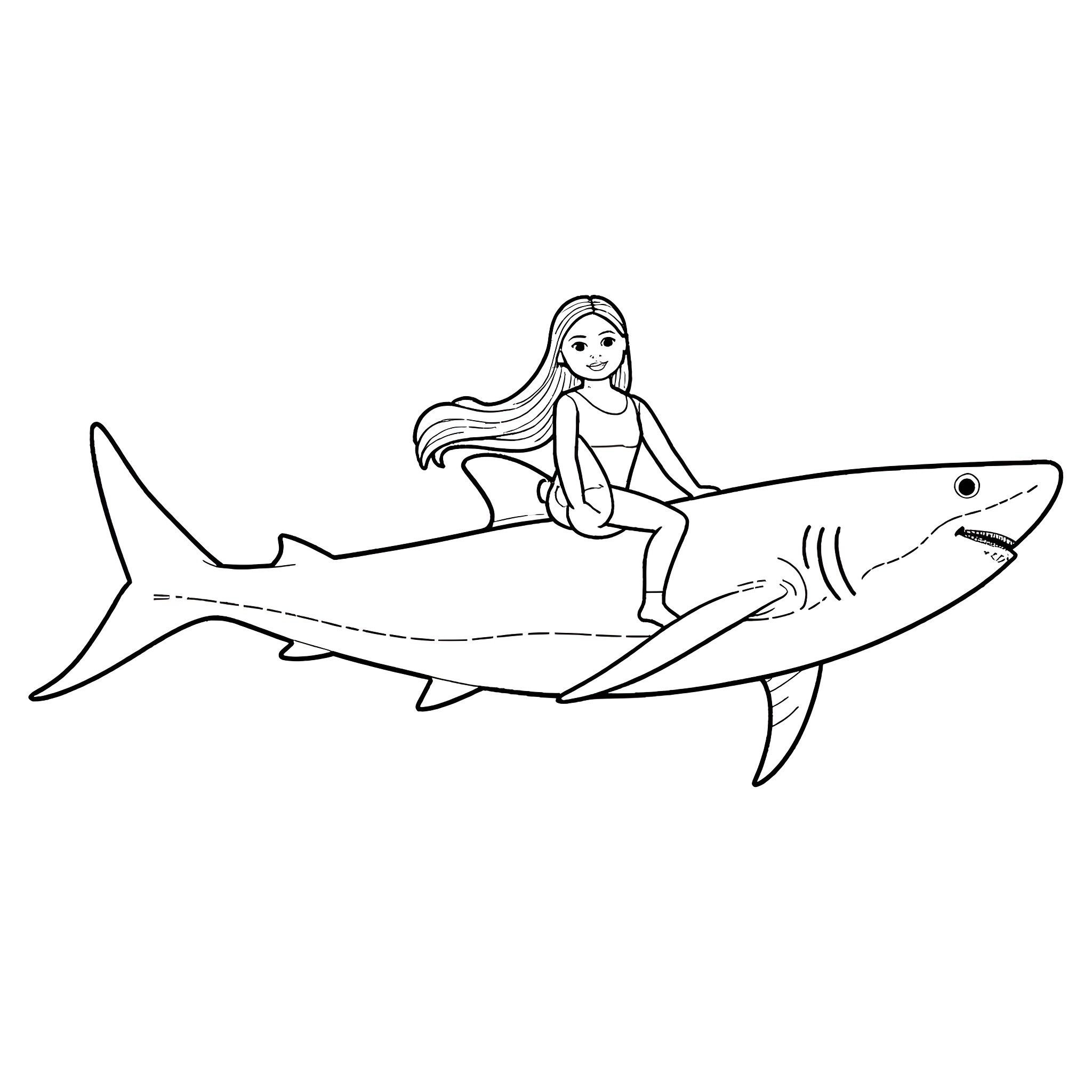 American Girl Doll riding on a shark Coloring Page (free black-and-white line drawing printable PDF for all, from beginners to advanced learners, including children, teens, adults, and seniors)