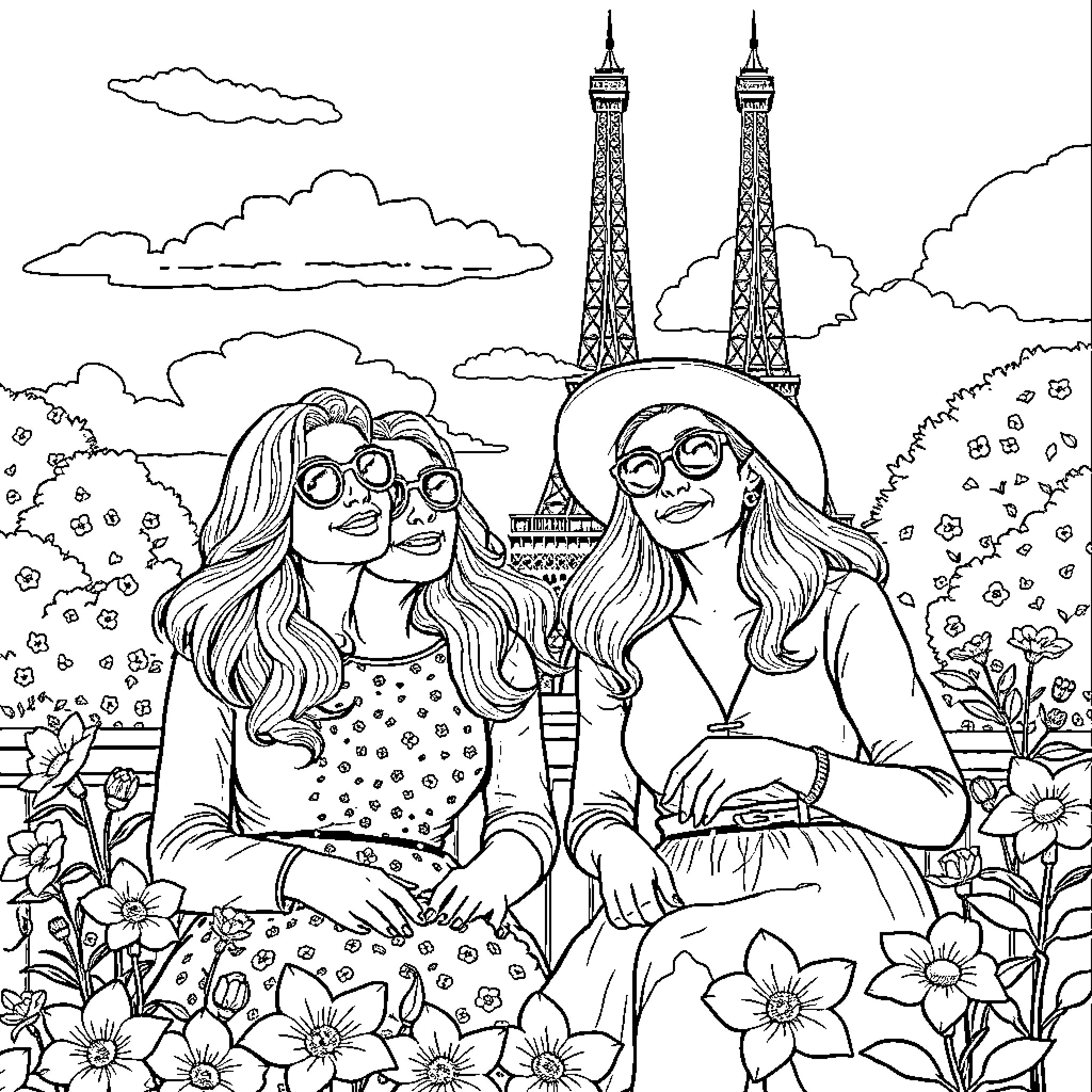 Golden Girls on a Trip to Paris Coloring Page (free black-and-white line drawing printable PDF for all, from beginners to advanced learners, including children, teens, adults, and seniors)