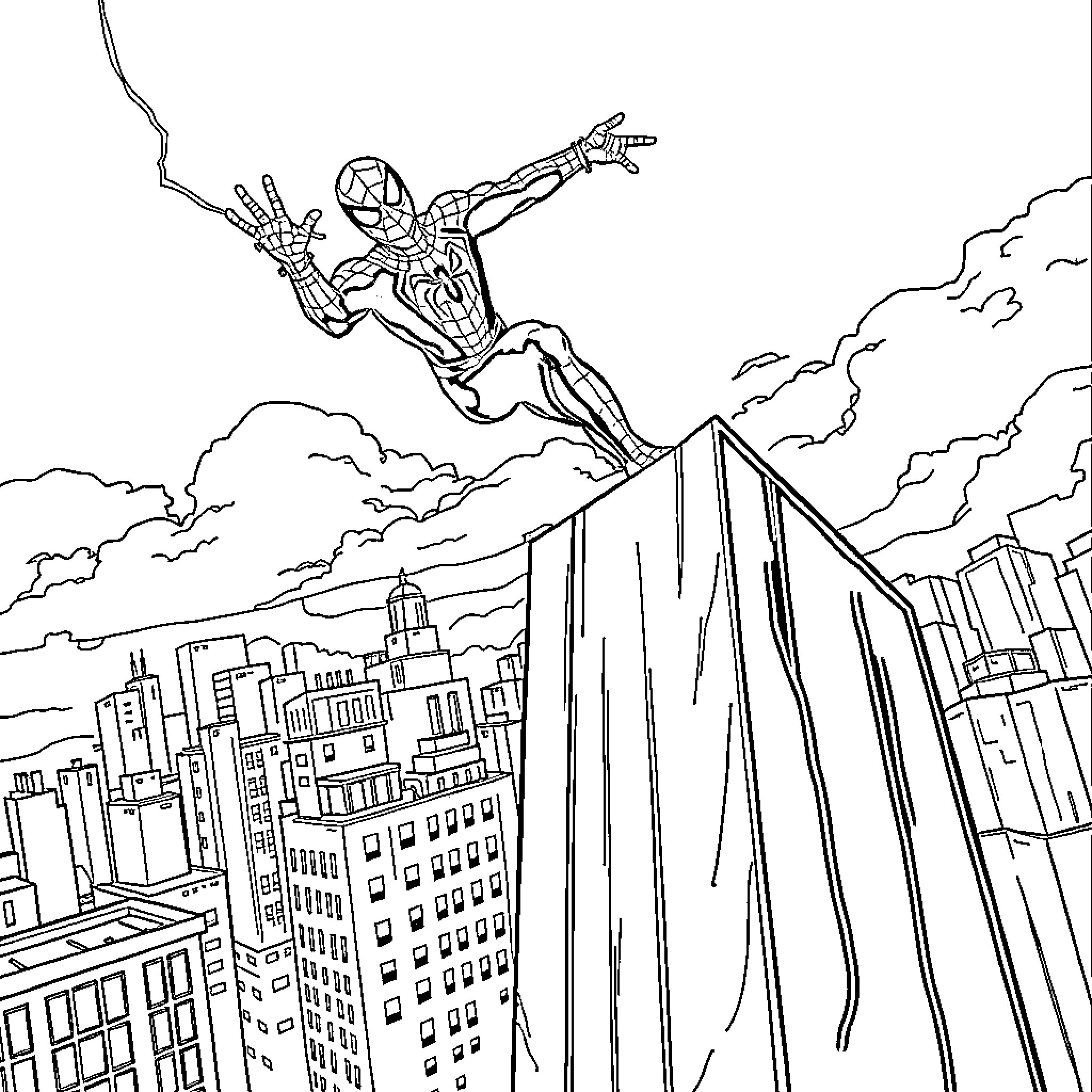 Spiderman swinging through the city skyline Coloring Page (free black-and-white line drawing printable PDF for all, from beginners to advanced learners, including children, teens, adults, and seniors)