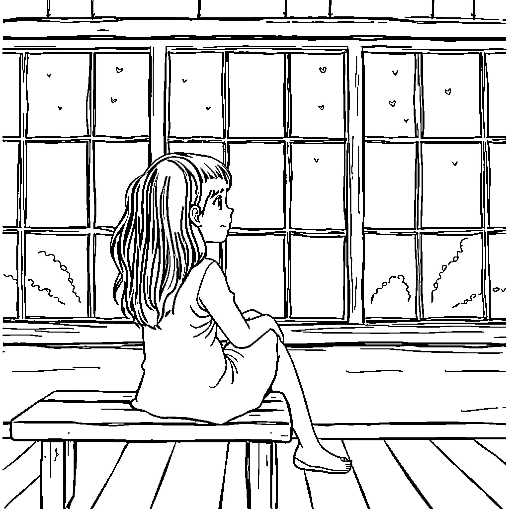 Girl sitting alone by the window Coloring Page (free black-and-white line drawing printable PDF for all, from beginners to advanced learners, including children, teens, adults, and seniors)