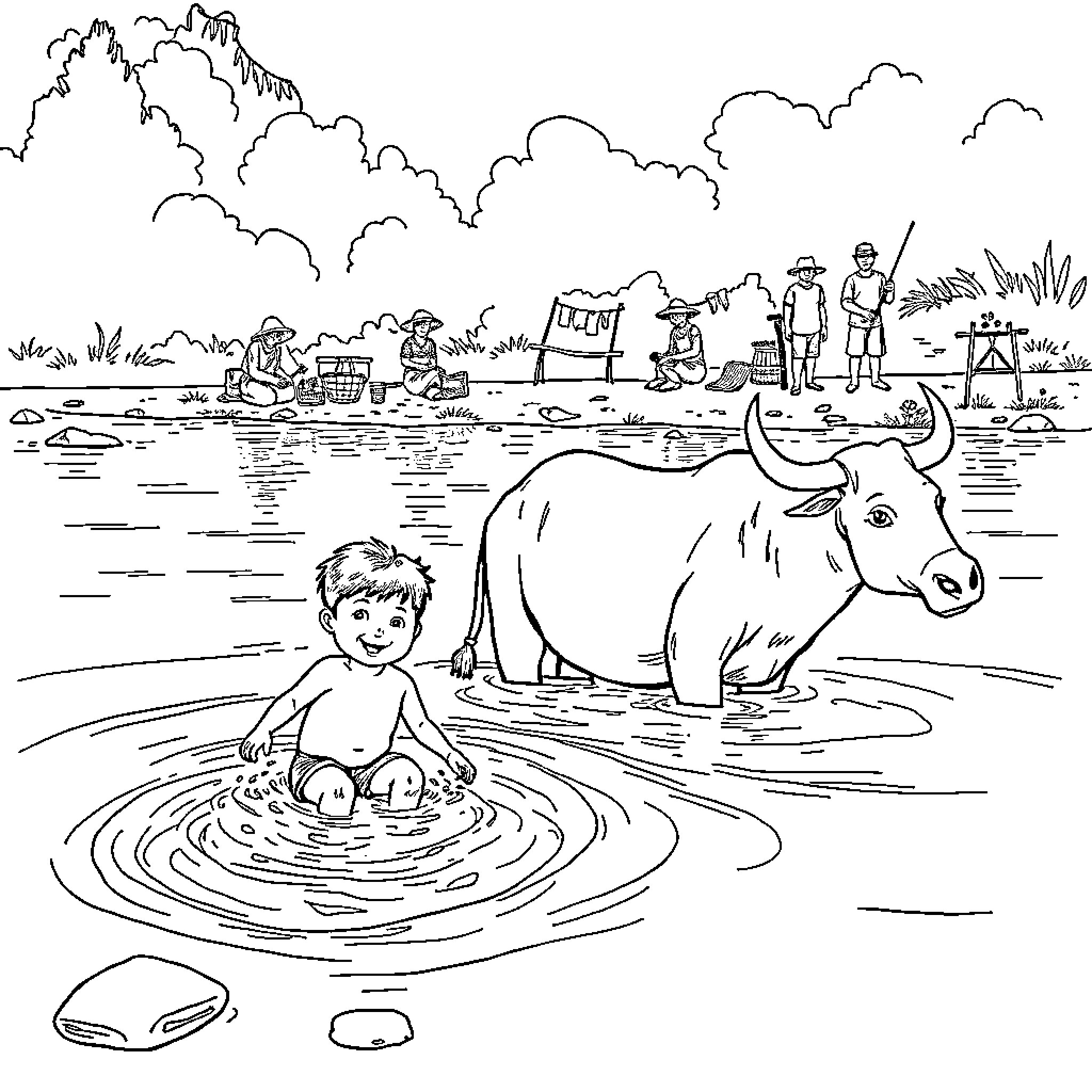 Boy playing in the river with a buffalo Coloring Page (free black-and-white line drawing printable PDF for all, from beginners to advanced learners, including children, teens, adults, and seniors)
