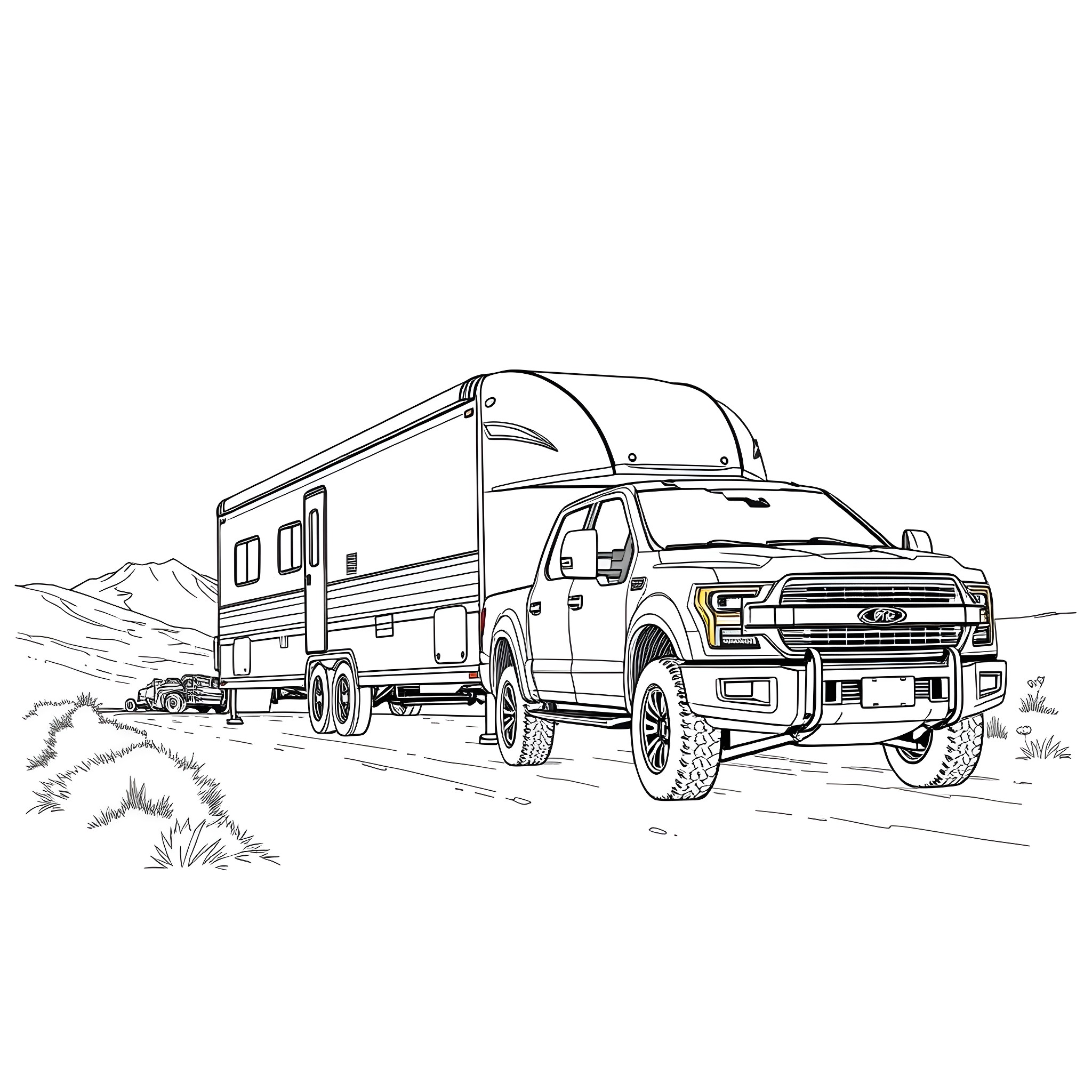 Gooseneck Trailer Hauling Camping Gear in Nature Coloring Page (free black-and-white line drawing printable PDF for all, from beginners to advanced learners, including children, teens, adults, and seniors)