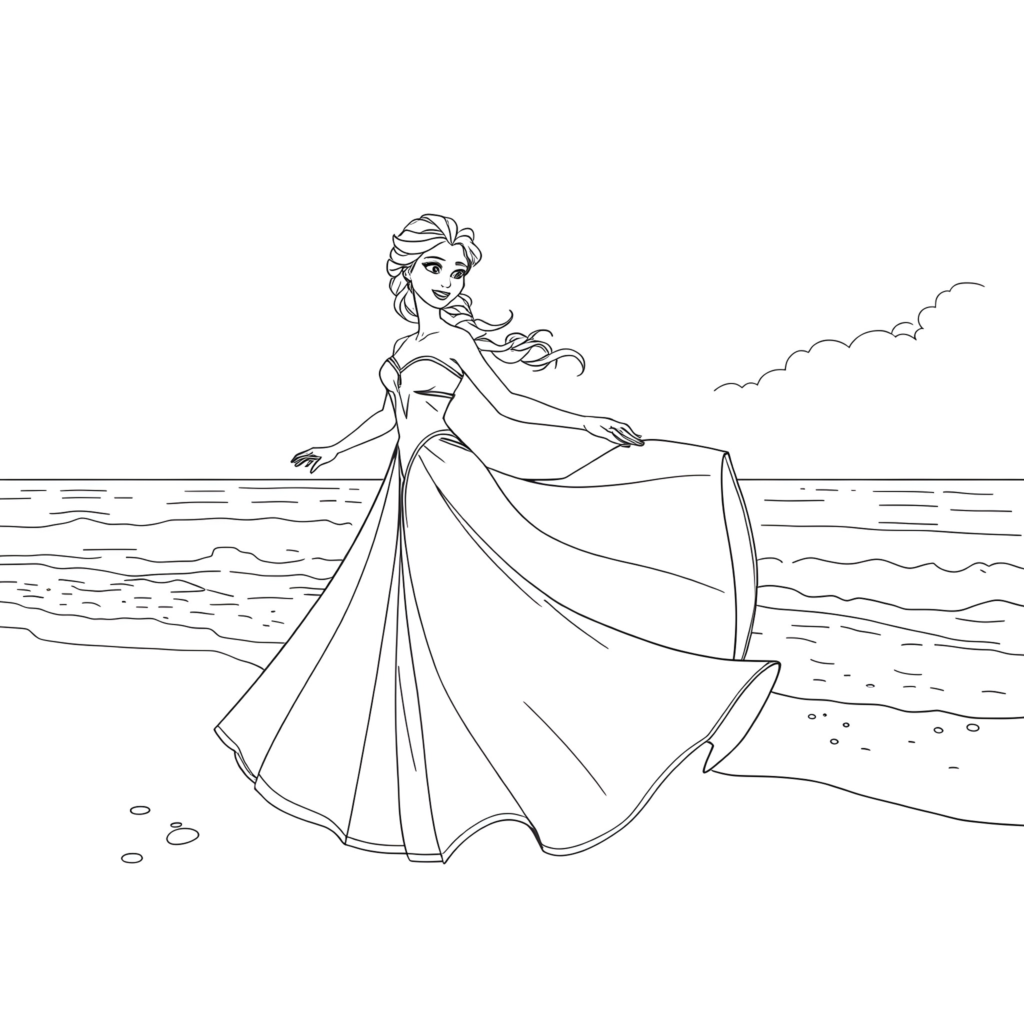 Elsa's Elegant Seaside Stroll Coloring Page (free black-and-white line drawing printable PDF for all, from beginners to advanced learners, including children, teens, adults, and seniors)