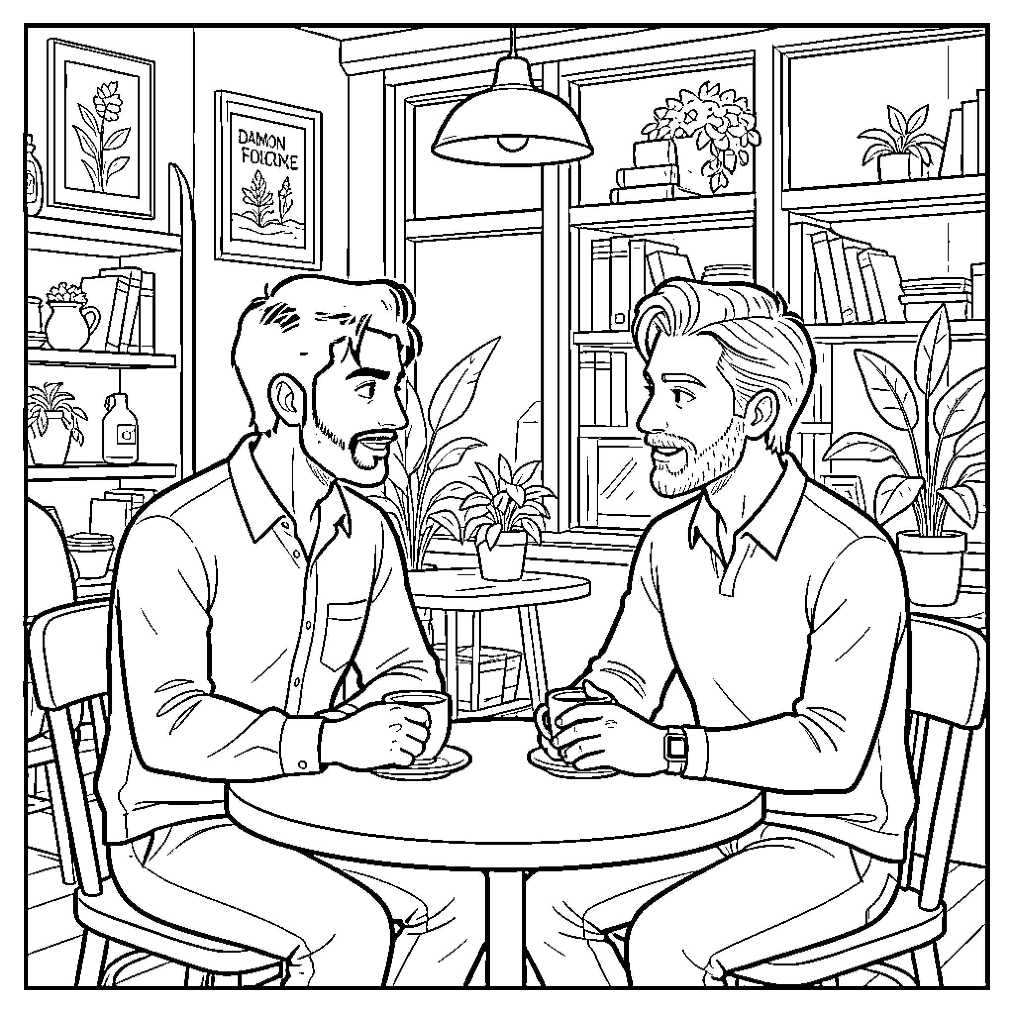 Damon sitting at a cafe having coffee with a friend Coloring Page (free black-and-white line drawing printable PDF for all, from beginners to advanced learners, including children, teens, adults, and seniors)