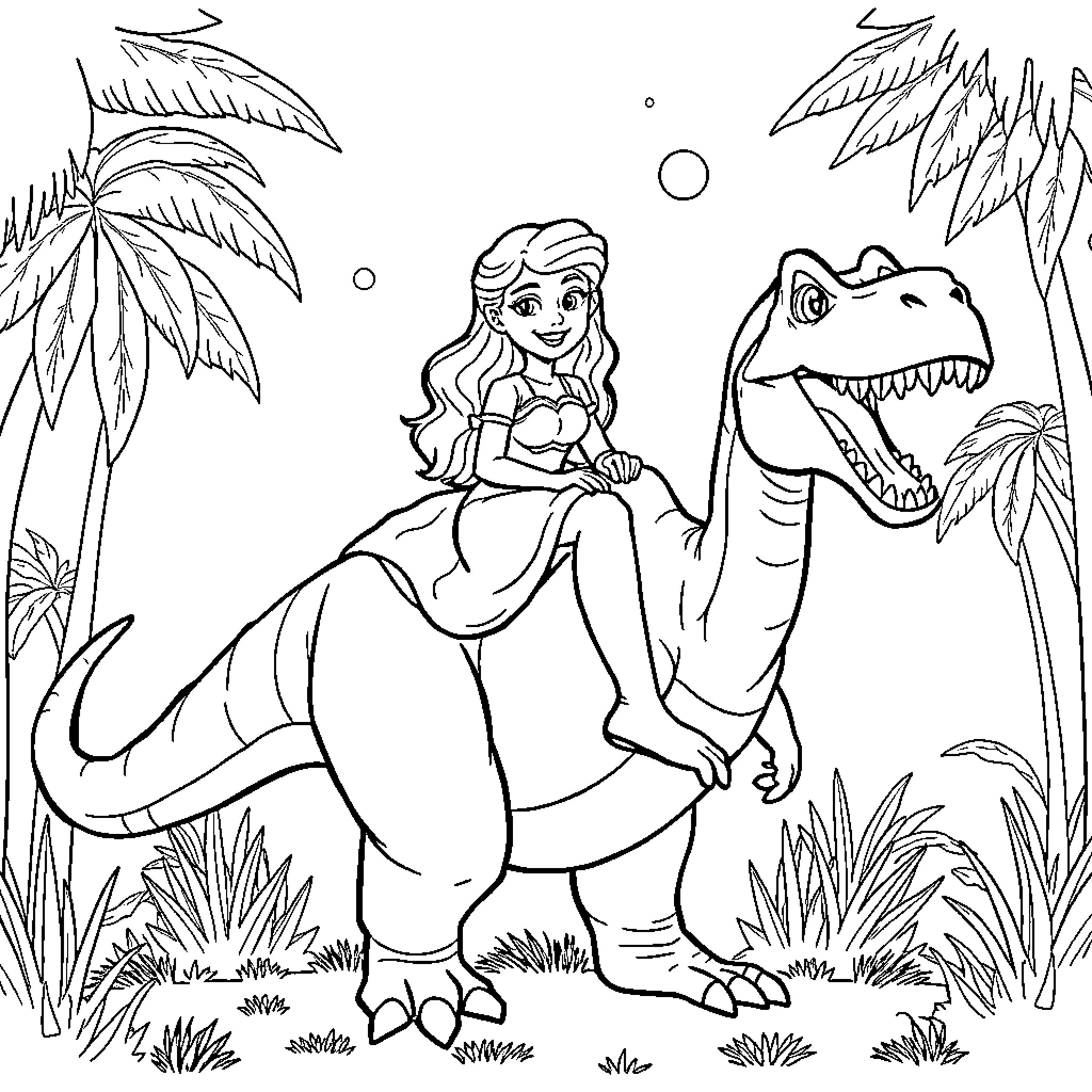 Mirtha Legrand enjoying a tropical adventure with a dinosaur Coloring Page (free black-and-white line drawing printable PDF for all, from beginners to advanced learners, including children, teens, adults, and seniors)