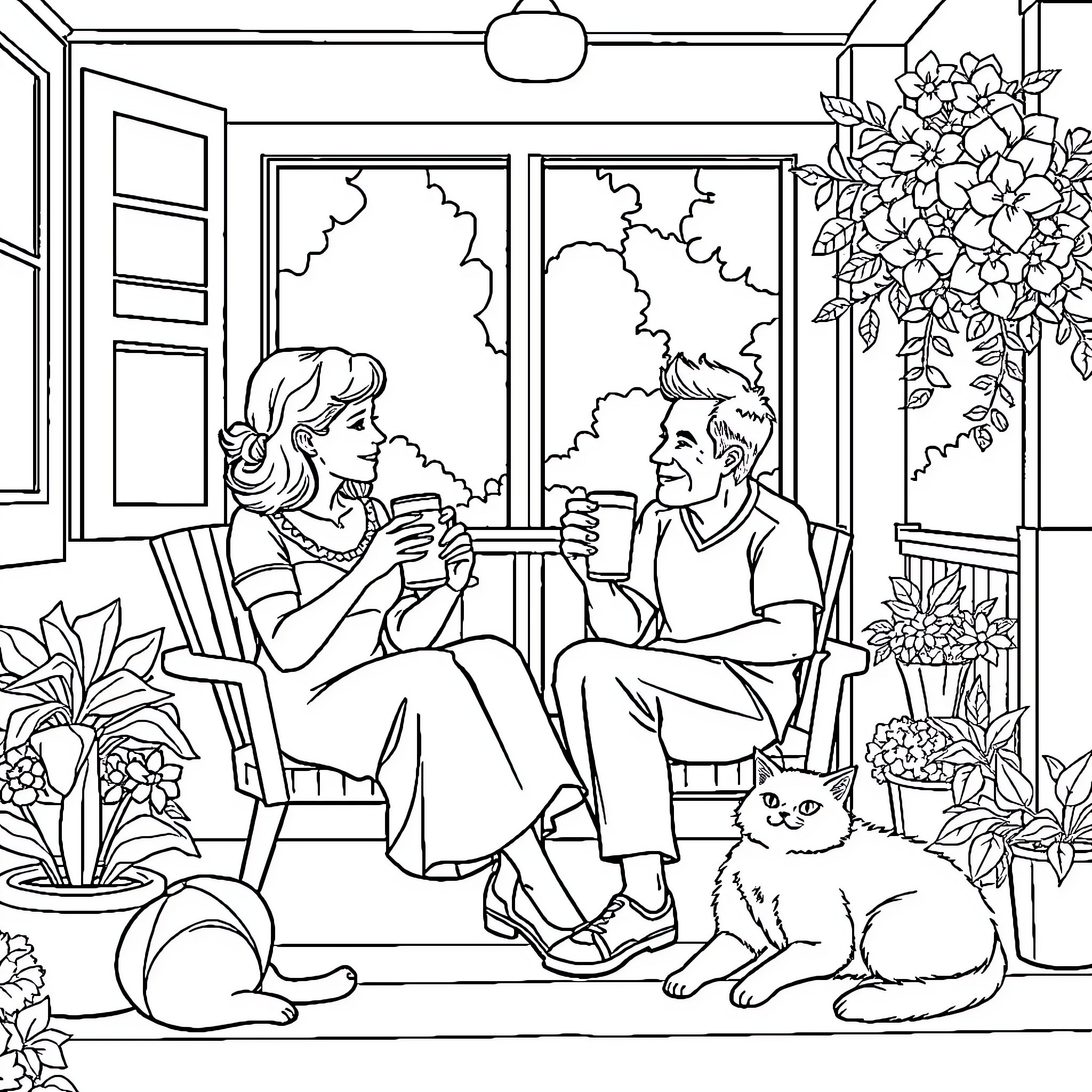 Family Enjoying Peaceful Moments at Home Coloring Page (free black-and-white line drawing printable PDF for all, from beginners to advanced learners, including children, teens, adults, and seniors)