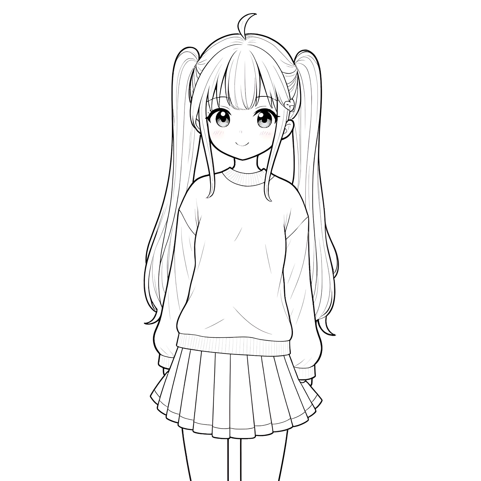 Anime Girl with Long Hair and Innocent Expression Coloring Page (free black-and-white line drawing printable PDF for all, from beginners to advanced learners, including children, teens, adults, and seniors)