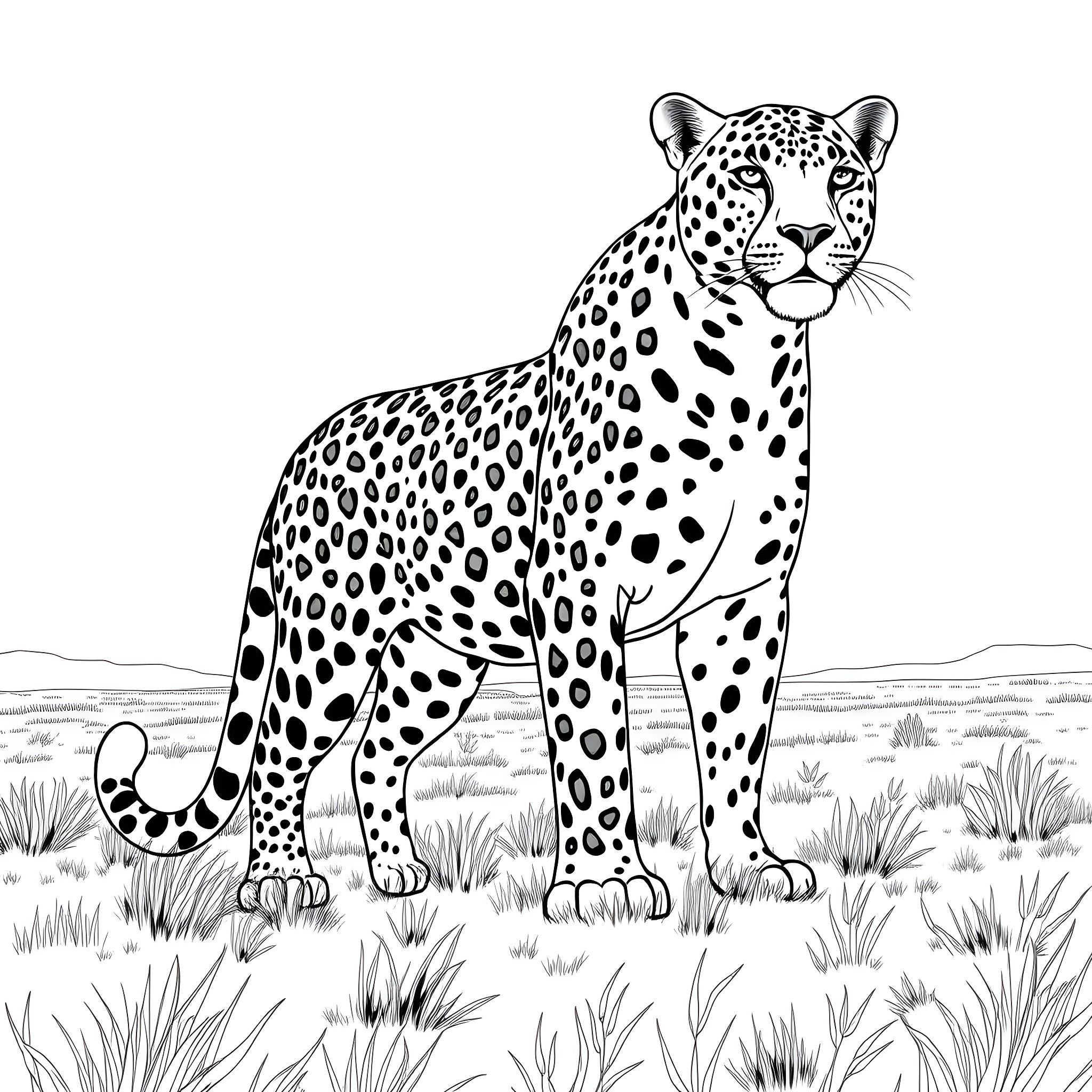 Leopard standing vigilantly in the wild Coloring Page (free black-and-white line drawing printable PDF for all, from beginners to advanced learners, including children, teens, adults, and seniors)