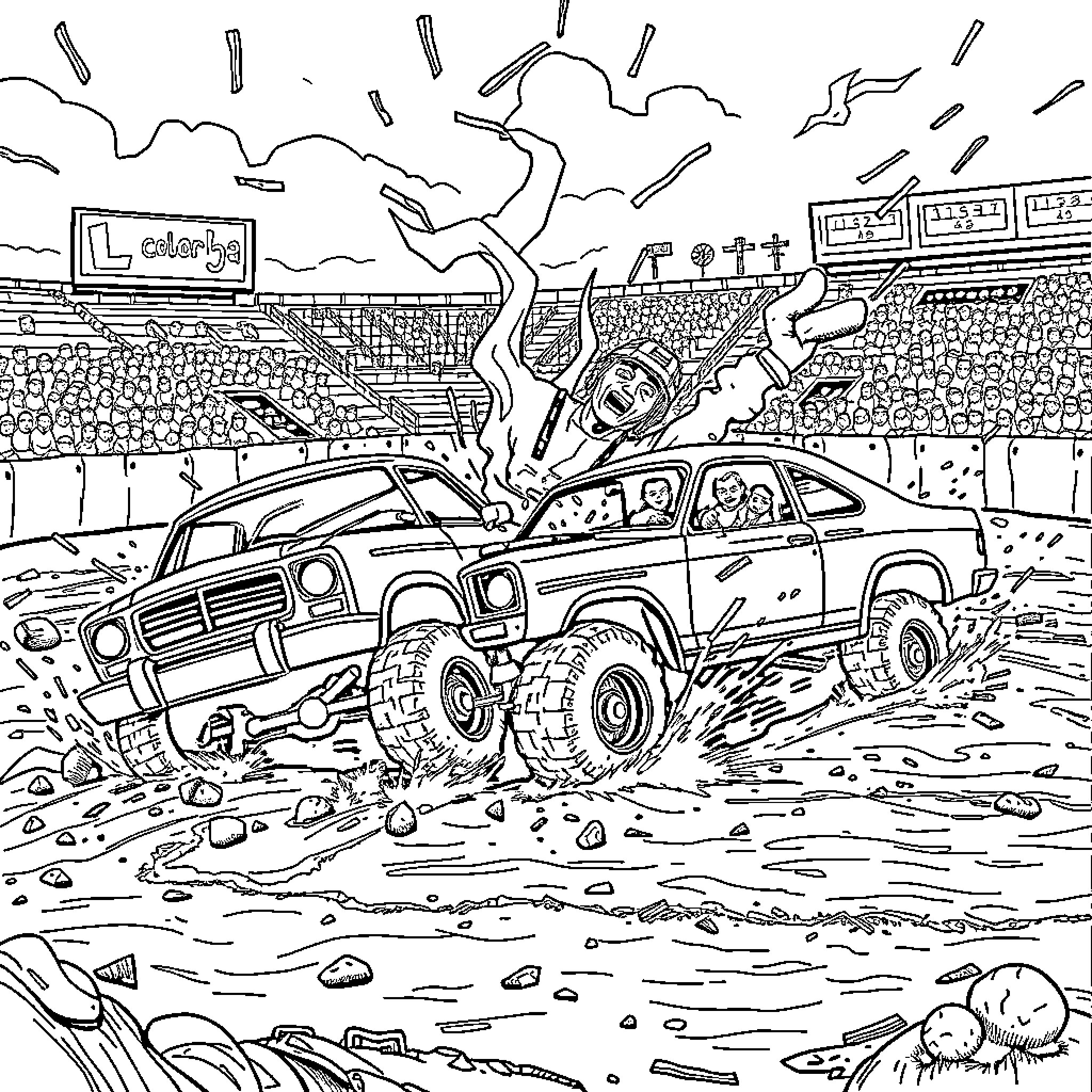 Demolition Derby Chaos and Crashing Cars in the Arena Coloring Page (free black-and-white line drawing printable PDF for all, from beginners to advanced learners, including children, teens, adults, and seniors)