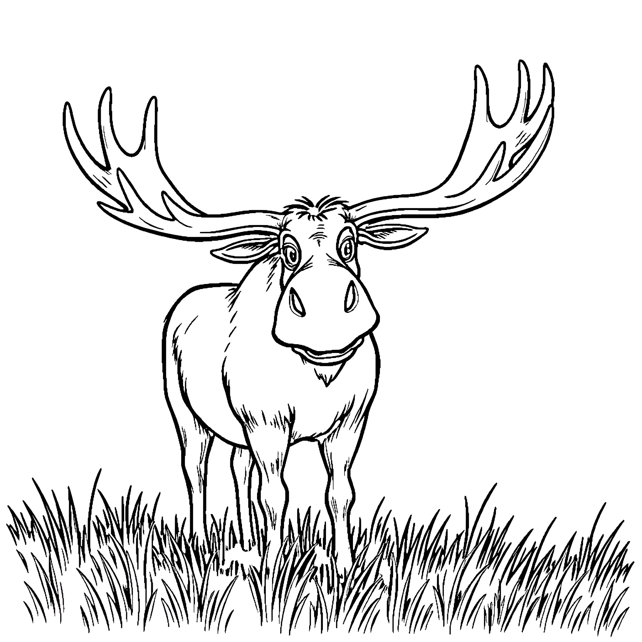 Moose standing in tall grass Coloring Page (free black-and-white line drawing printable PDF for all, from beginners to advanced learners, including children, teens, adults, and seniors)