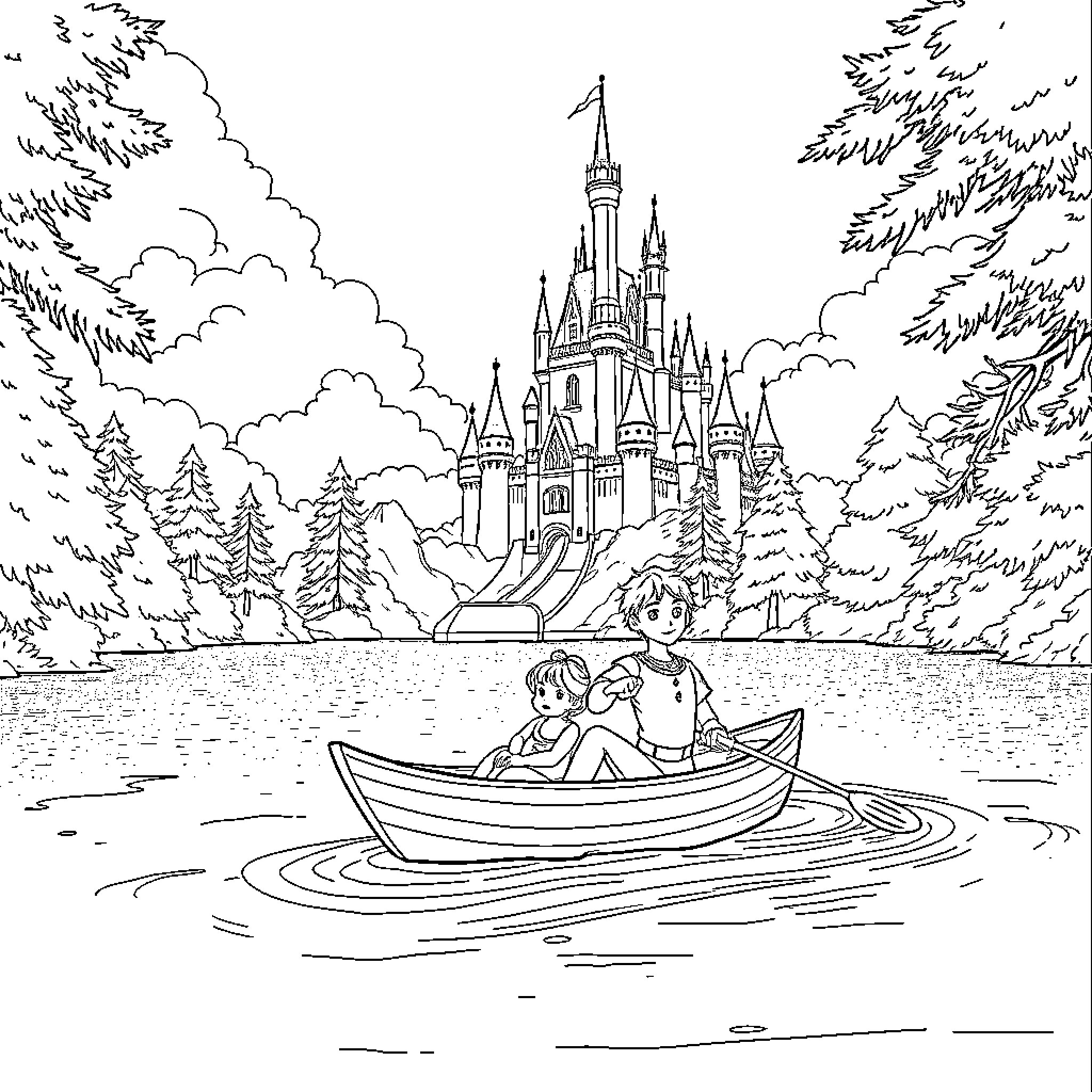 Prince and Princess Sail on a Peaceful Lake Coloring Page (free black-and-white line drawing printable PDF for all, from beginners to advanced learners, including children, teens, adults, and seniors)