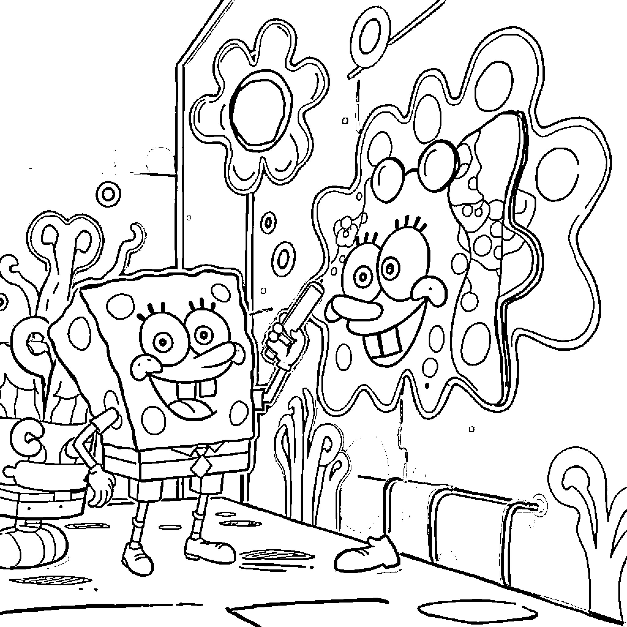Spongebob's Colorful and Whimsical Adventure Coloring Page (free black-and-white line drawing printable PDF for all, from beginners to advanced learners, including children, teens, adults, and seniors)