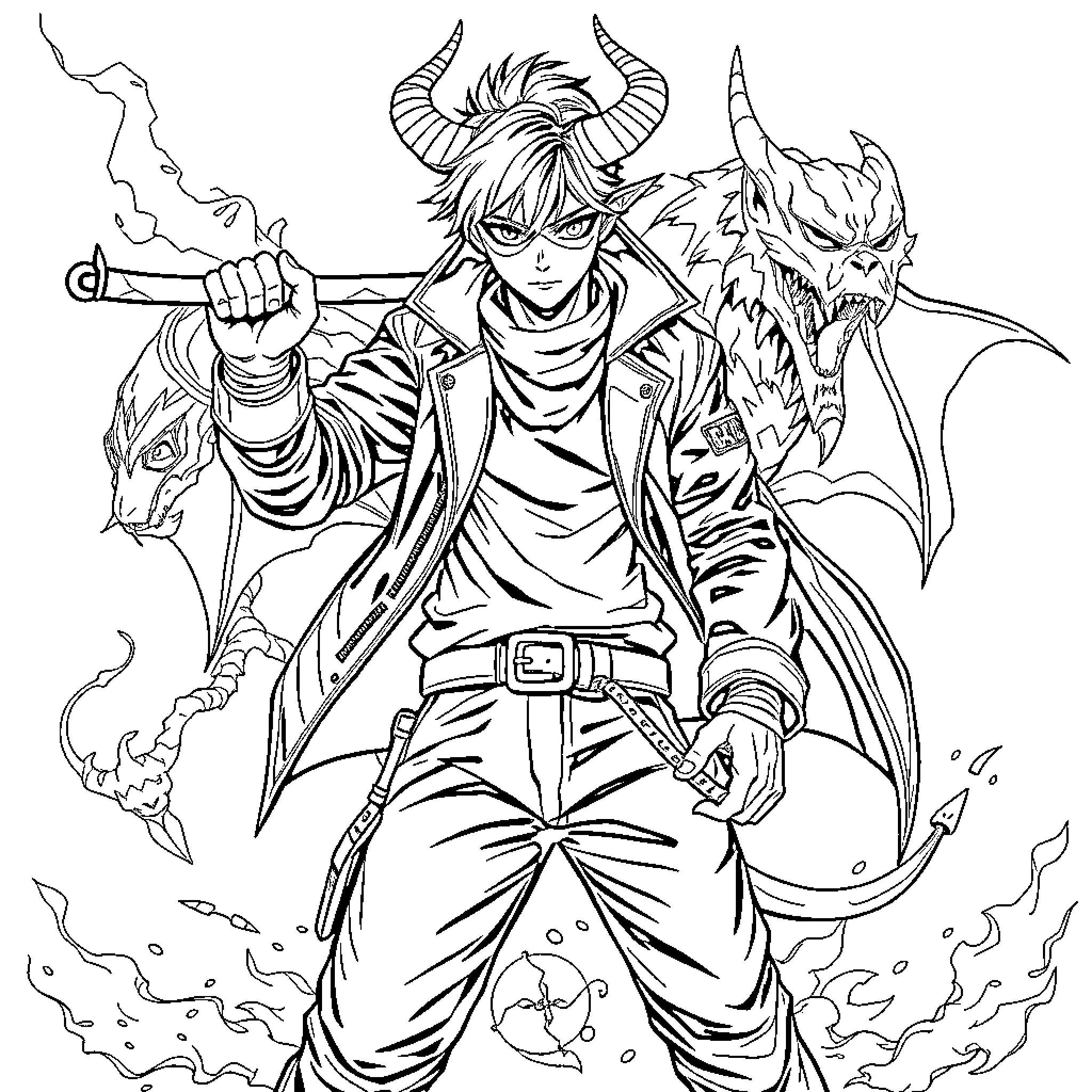 Demon Hunter Battles Ferocious Creature with Fierce Determination Coloring Page (free black-and-white line drawing printable PDF for all, from beginners to advanced learners, including children, teens, adults, and seniors)