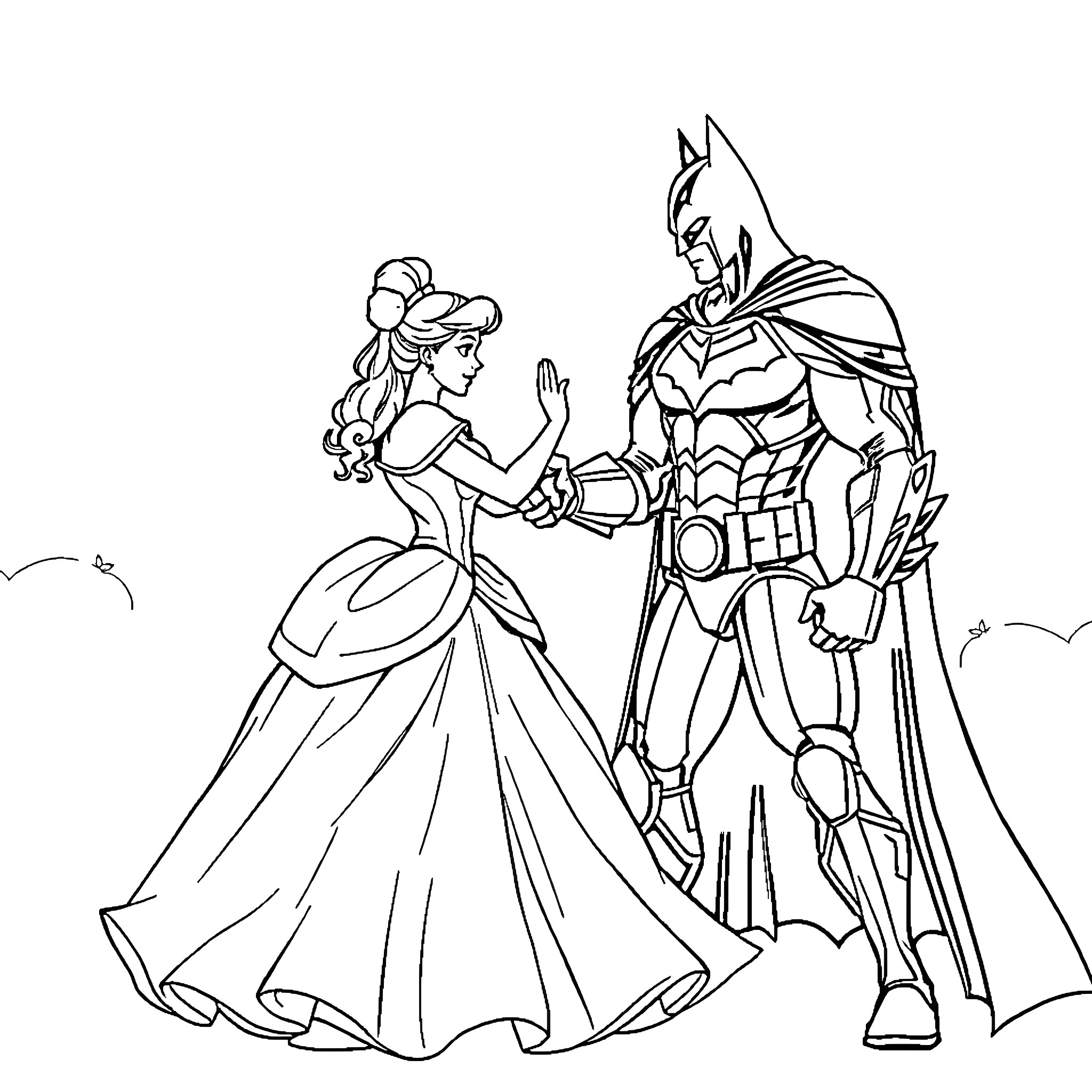 Cinderella meets her Heroic Companion Coloring Page (free black-and-white line drawing printable PDF for all, from beginners to advanced learners, including children, teens, adults, and seniors)