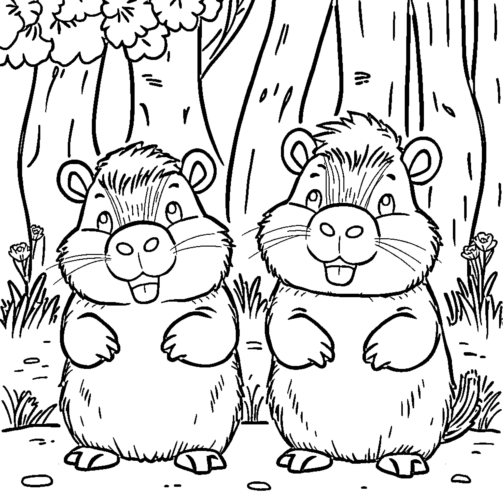 Capybara friends enjoying the forest together Coloring Page (free black-and-white line drawing printable PDF for all, from beginners to advanced learners, including children, teens, adults, and seniors)