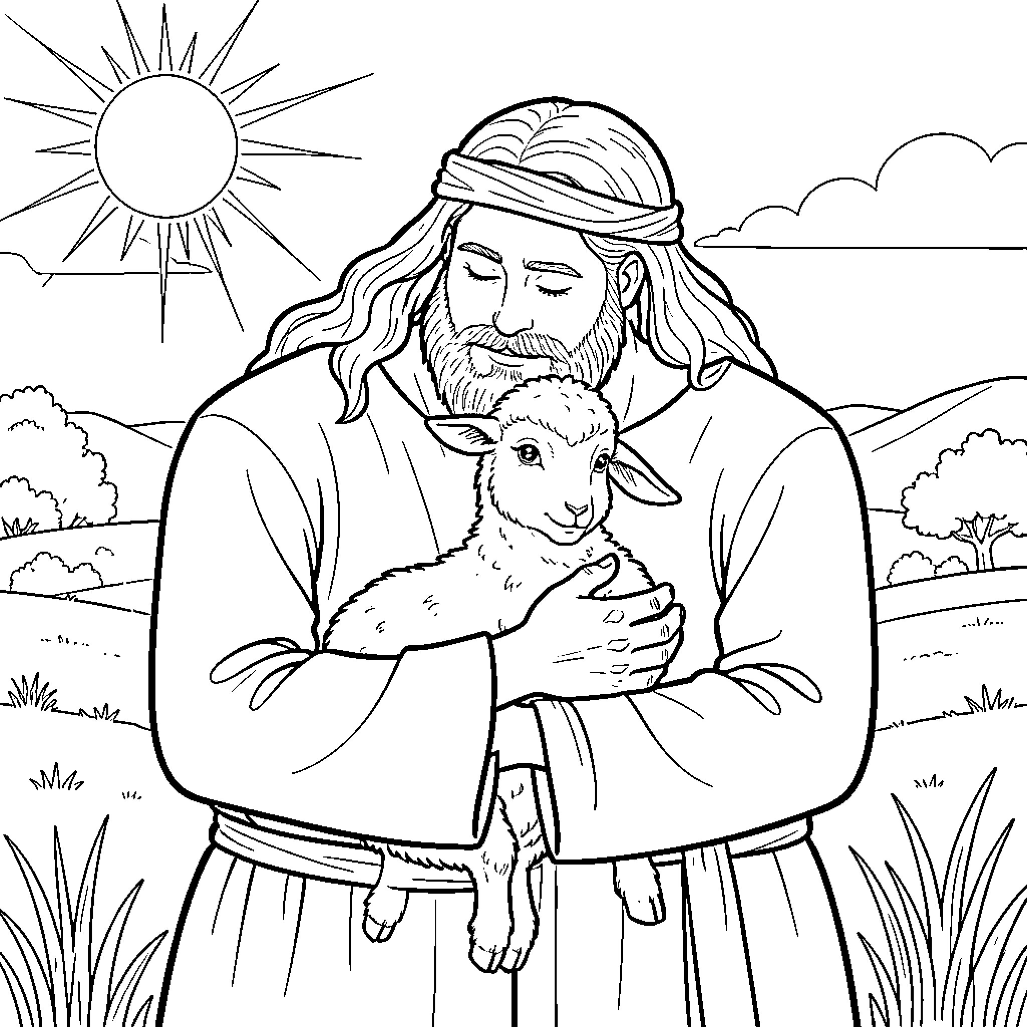 Shepherd embracing a lamb in a serene pastoral scene Coloring Page (free black-and-white line drawing printable PDF for all, from beginners to advanced learners, including children, teens, adults, and seniors)