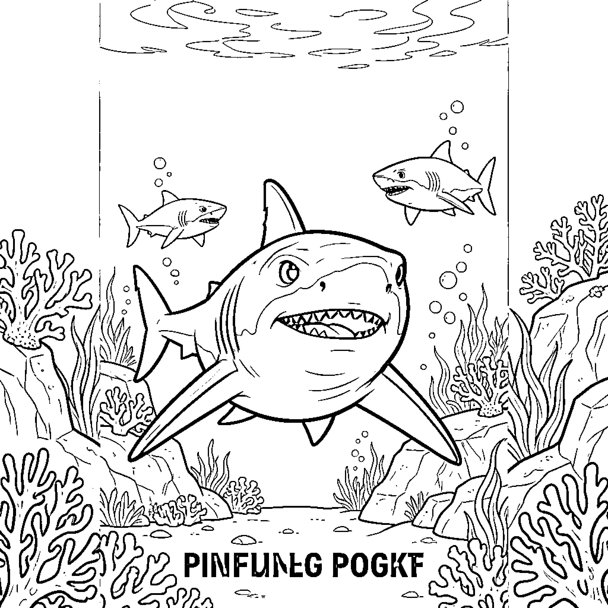 Shark swimming happily through a coral reef ocean scene Coloring Page (free black-and-white line drawing printable PDF for all, from beginners to advanced learners, including children, teens, adults, and seniors)