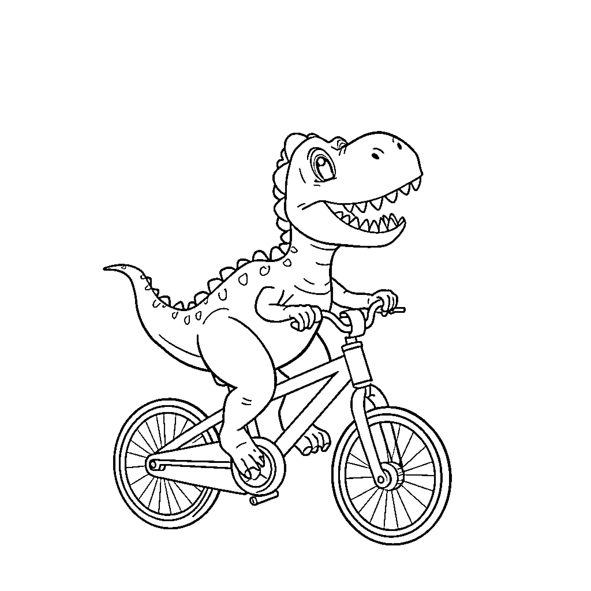 Dinosaur riding a bicycle Coloring Page (free black-and-white line drawing printable PDF for all, from beginners to advanced learners, including children, teens, adults, and seniors)