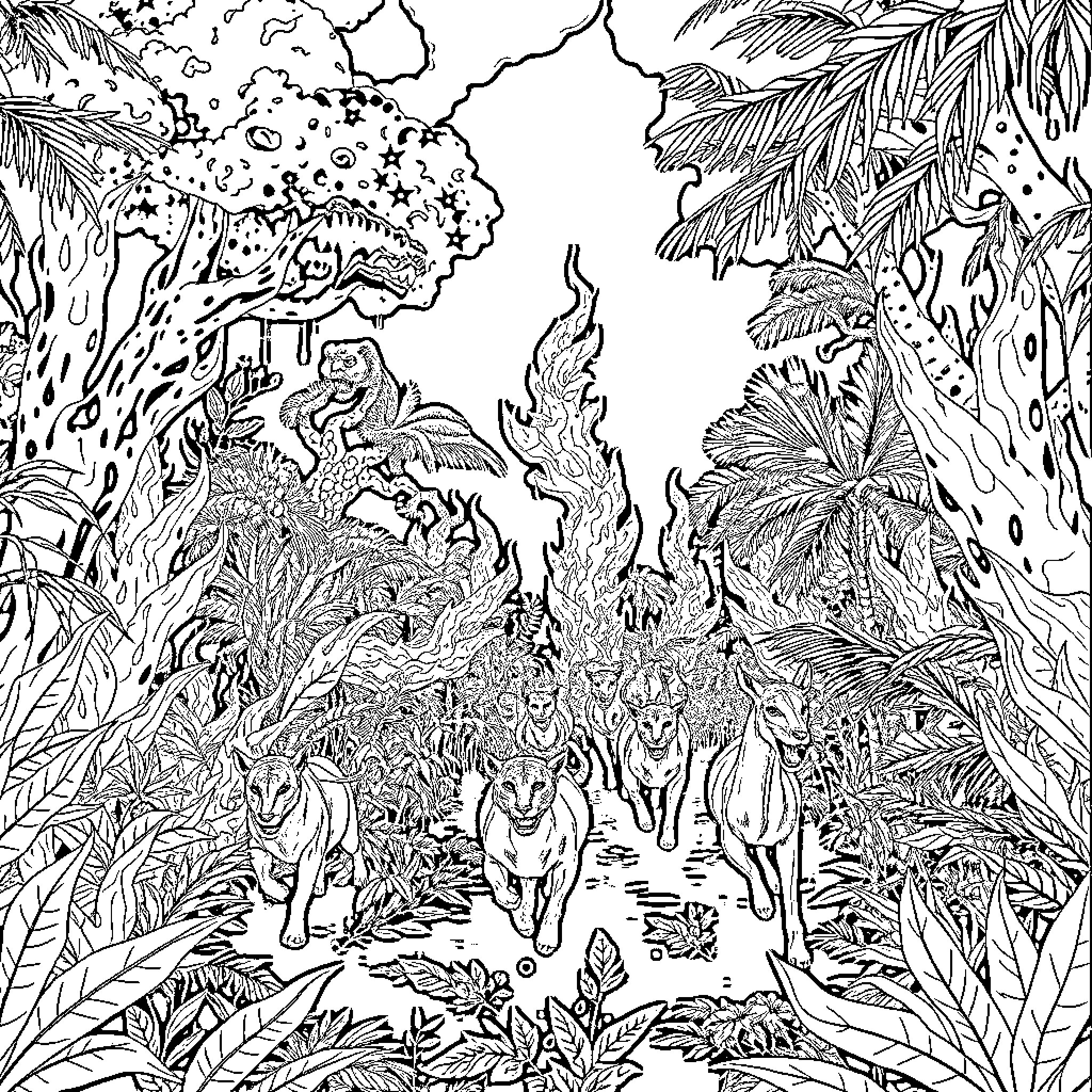 Animal adventure in the dense tropical jungle Coloring Page (free black-and-white line drawing printable PDF for all, from beginners to advanced learners, including children, teens, adults, and seniors)