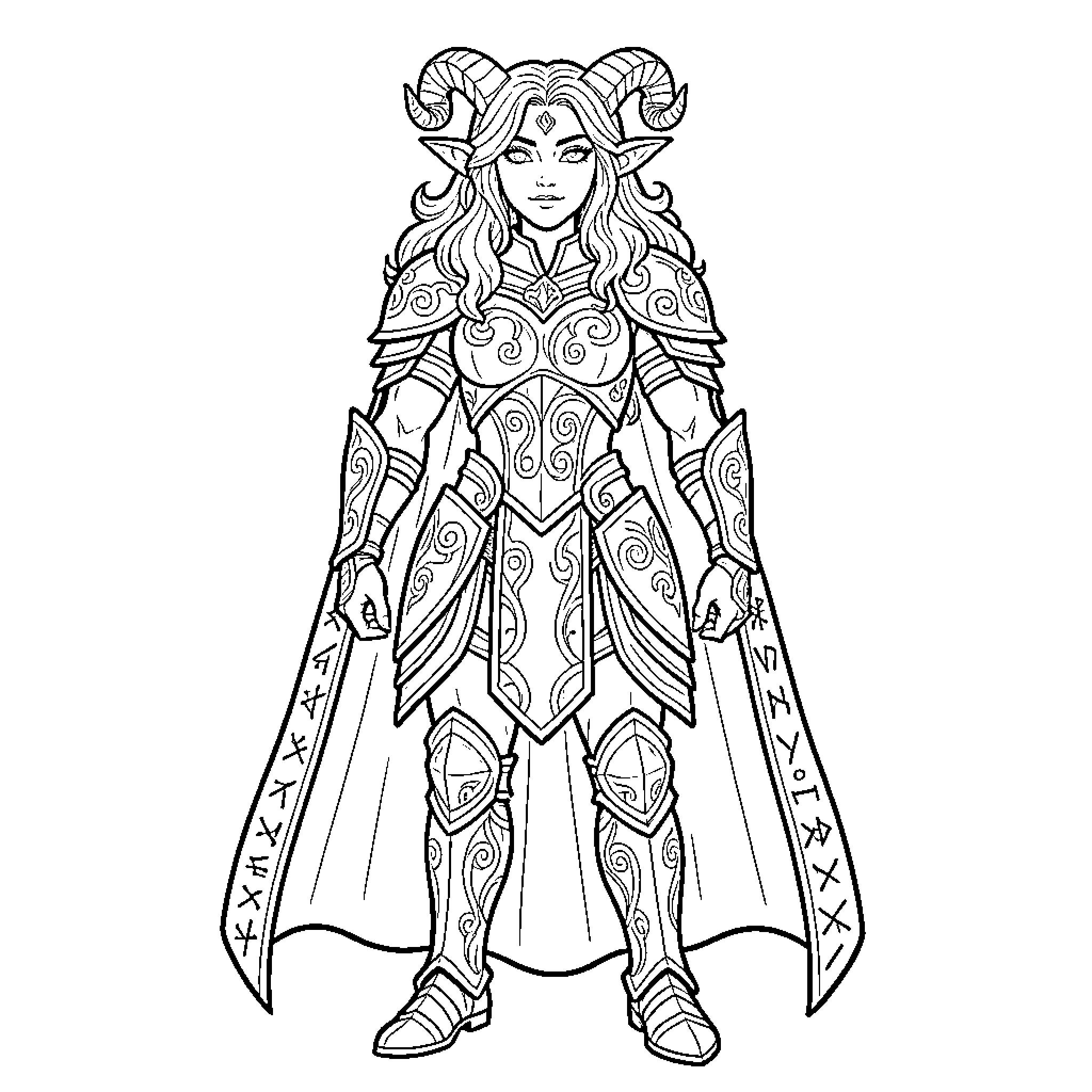 Fae warrior in ornate armor standing tall Coloring Page (free black-and-white line drawing printable PDF for all, from beginners to advanced learners, including children, teens, adults, and seniors)