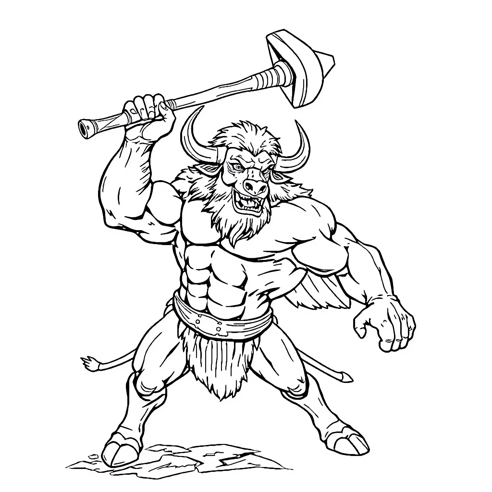 Minotaur wielding a hammer with fierce expression Coloring Page (free black-and-white line drawing printable PDF for all, from beginners to advanced learners, including children, teens, adults, and seniors)