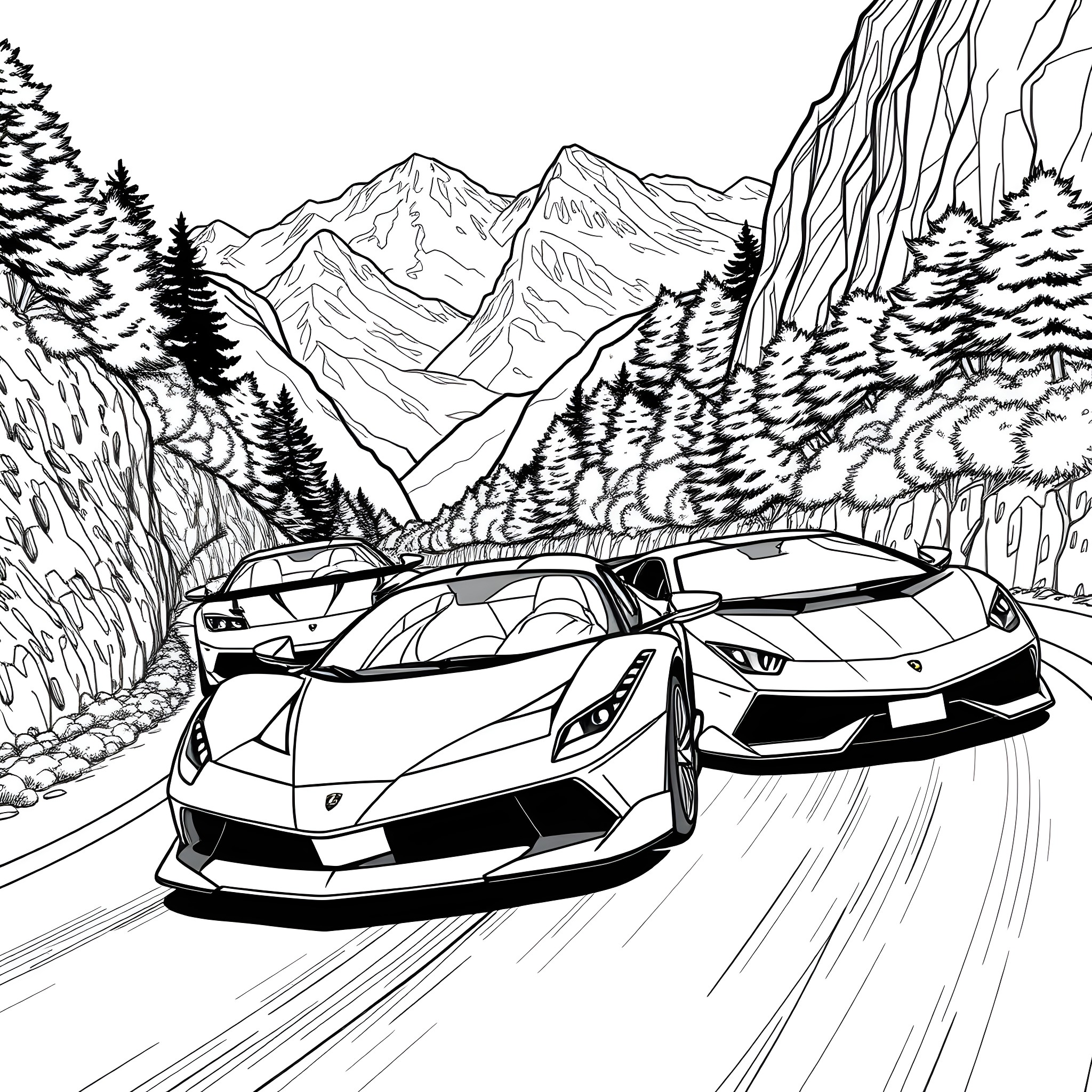 Cars speeding through the winding mountain road Coloring Page (free black-and-white line drawing printable PDF for all, from beginners to advanced learners, including children, teens, adults, and seniors)