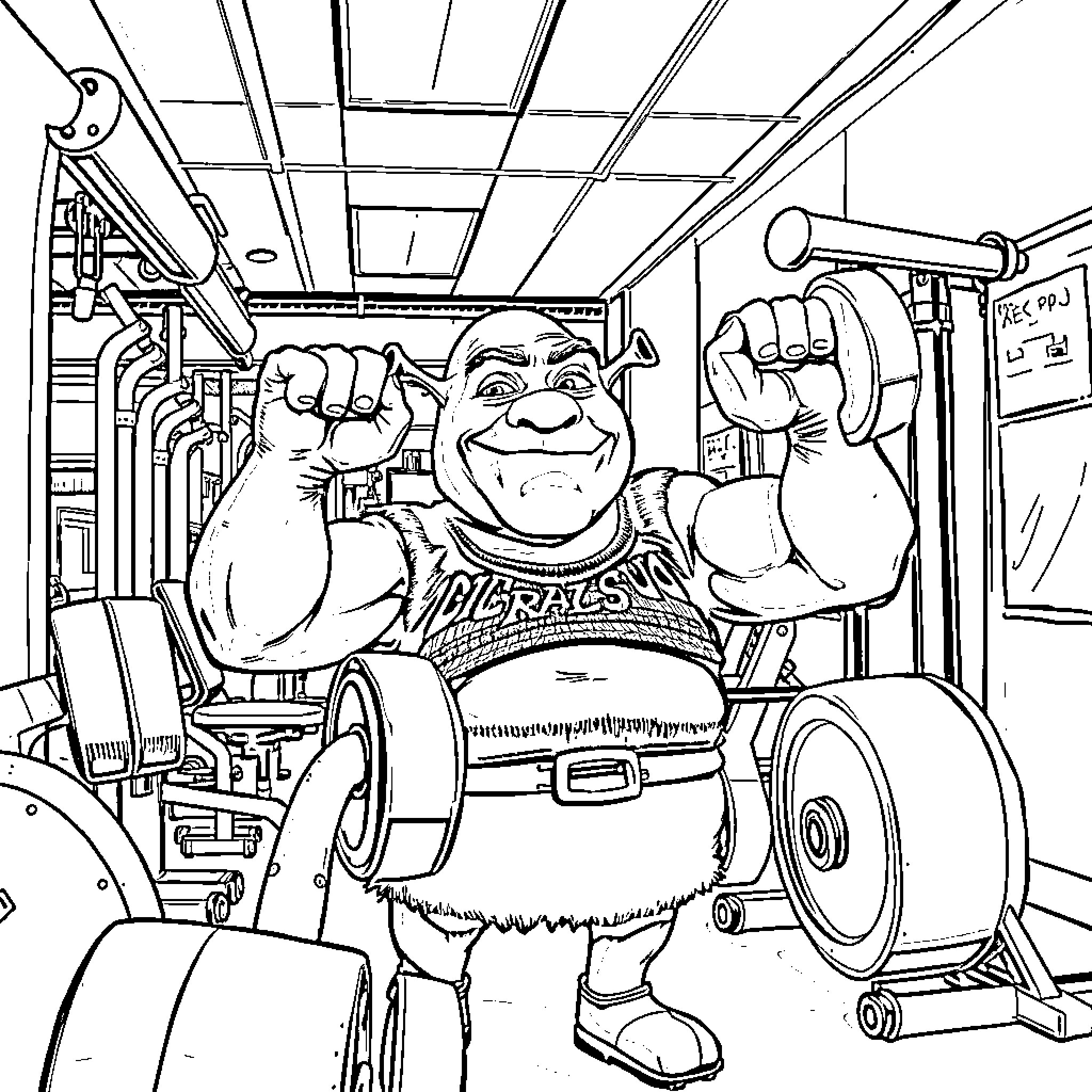 Shrek working out in a gym with exercise equipment Coloring Page (free black-and-white line drawing printable PDF for all, from beginners to advanced learners, including children, teens, adults, and seniors)
