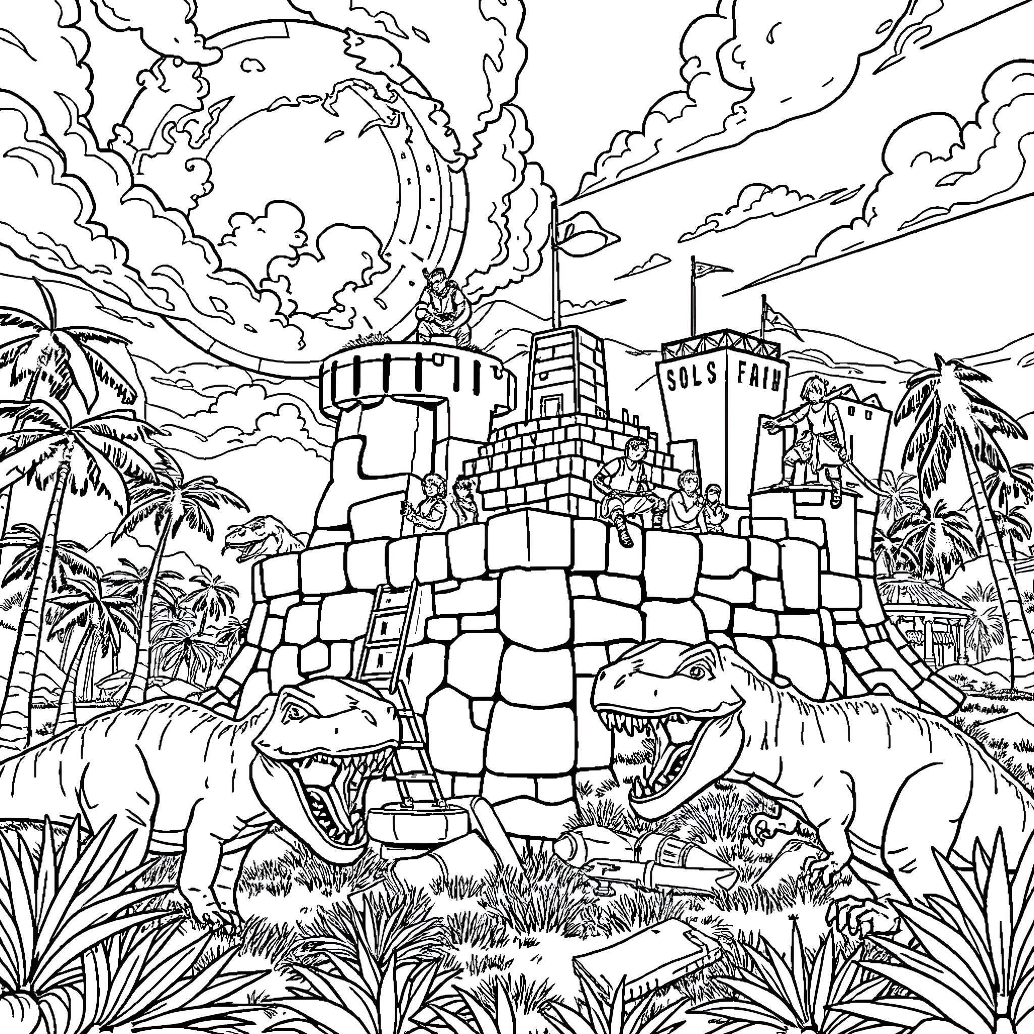 Dinosaurs exploring an enchanted castle in the jungle Coloring Page (free black-and-white line drawing printable PDF for all, from beginners to advanced learners, including children, teens, adults, and seniors)