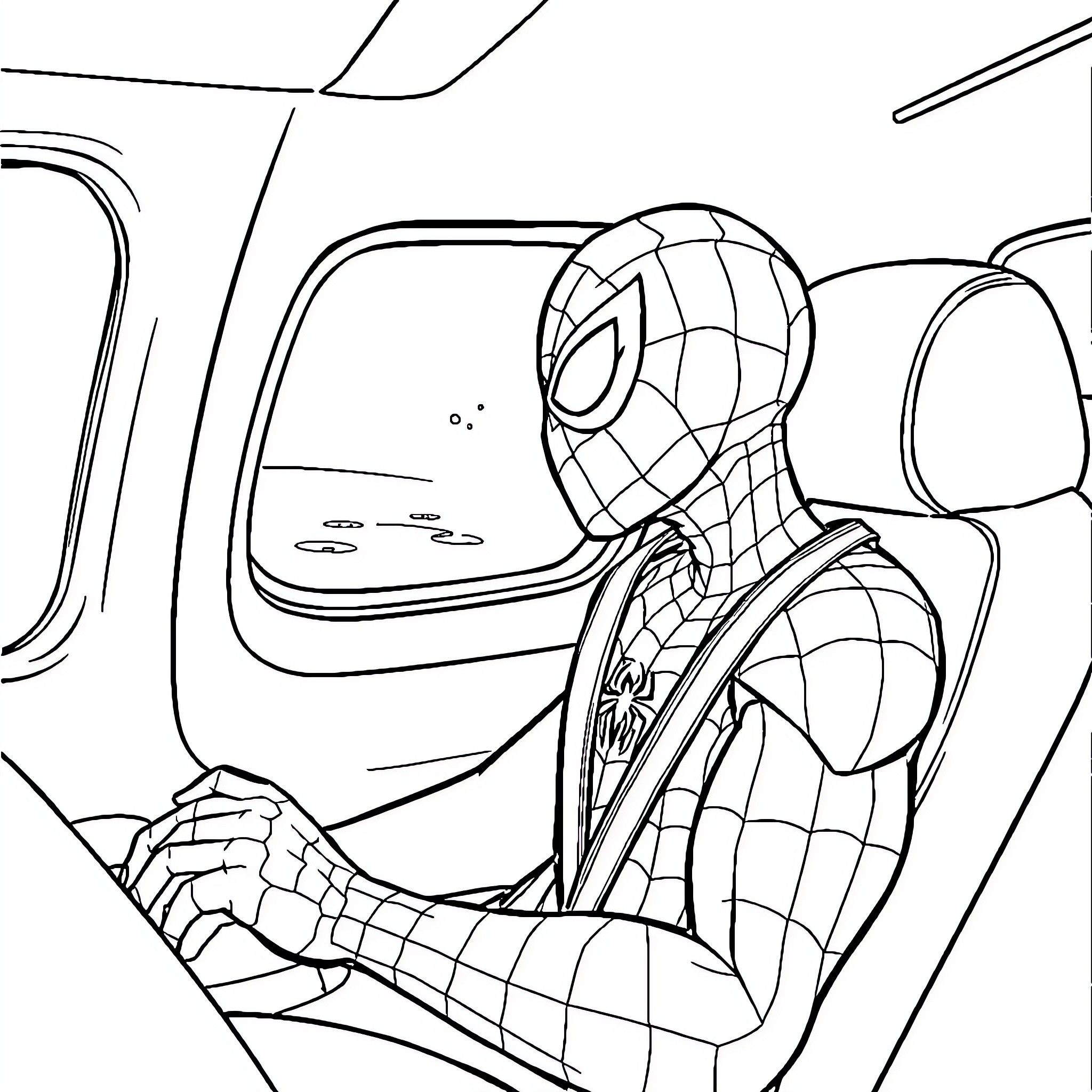Spider-Man swinging through the city on his web Coloring Page (free black-and-white line drawing printable PDF for all, from beginners to advanced learners, including children, teens, adults, and seniors)
